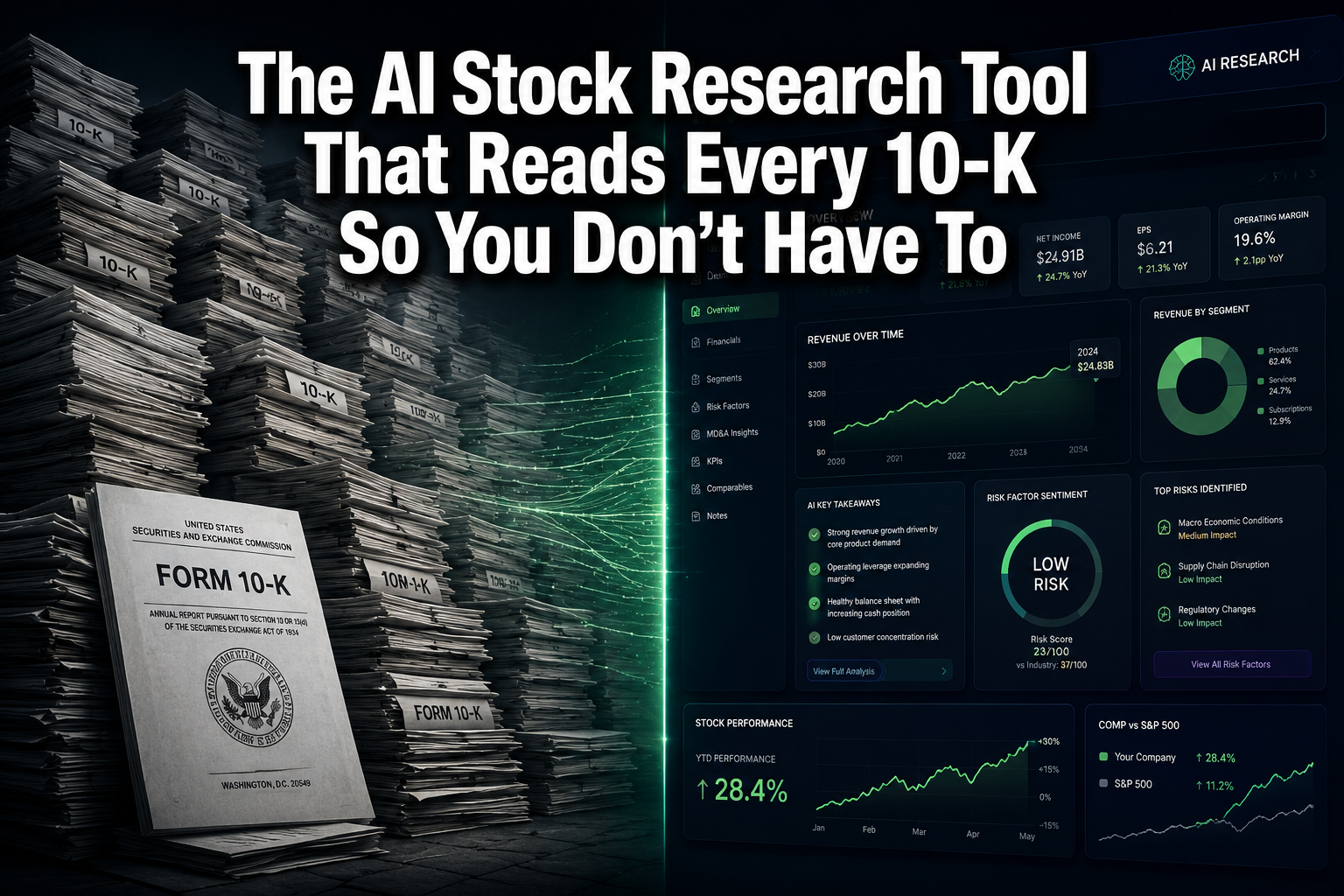 Professional () hero image with : 'The AI Stock Research Tool That Reads Every 10-K So You Don't Have To' in extra large