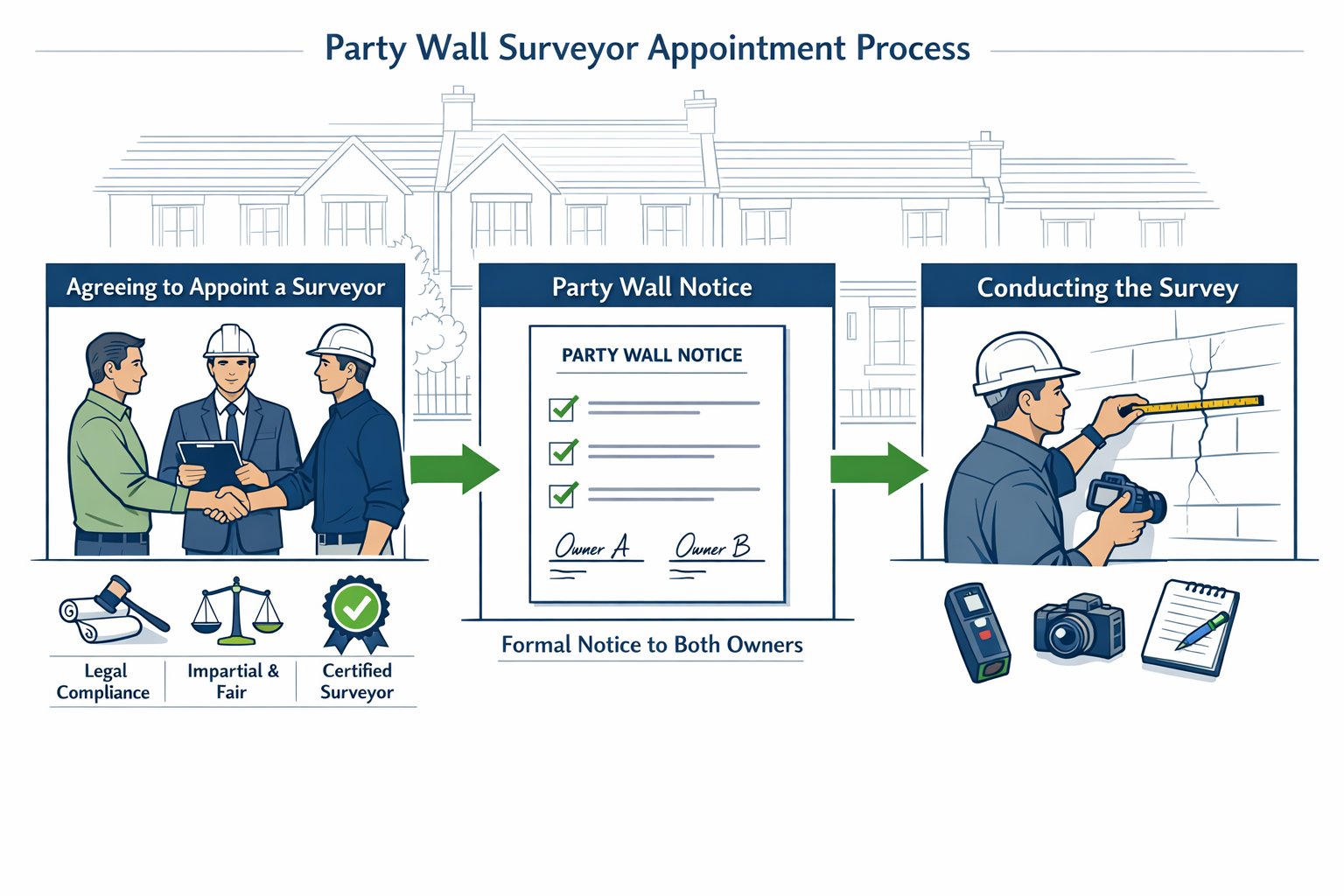 Detailed editorial illustration (1536x1024) showing professional agreed surveyor appointment process with three-panel infographic layout. Le