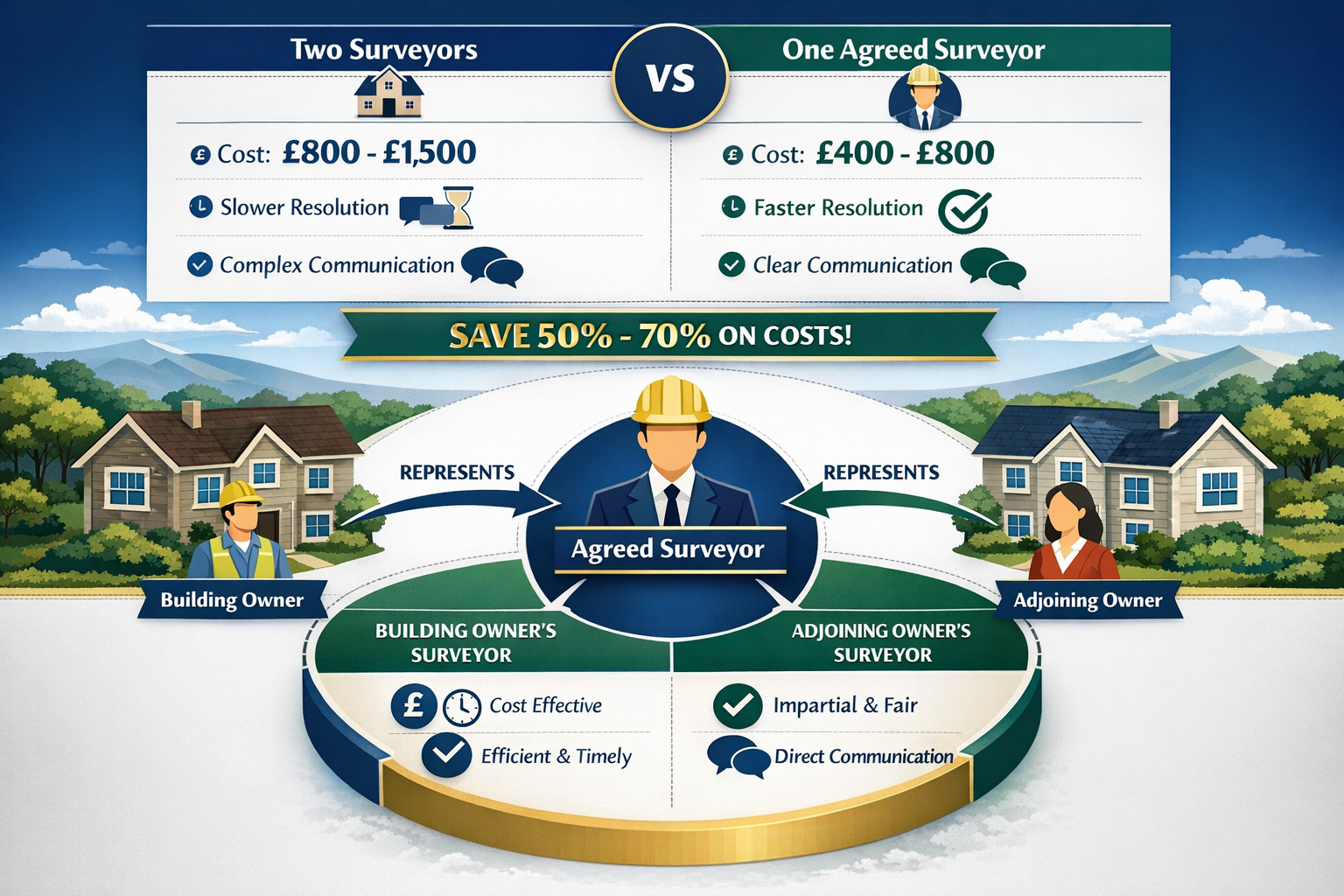 Comprehensive landscape infographic (1536x1024) displaying party wall agreed surveyor benefits and cost comparison. Split layout: top half s