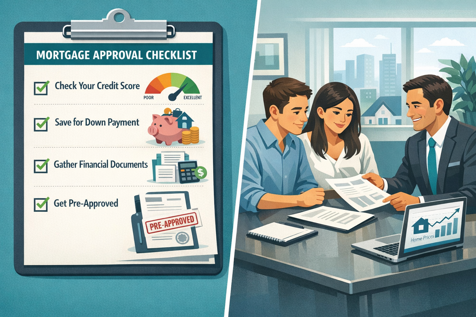 Detailed () editorial infographic illustration showing a split-scene: left side displays a step-by-step mortgage approval