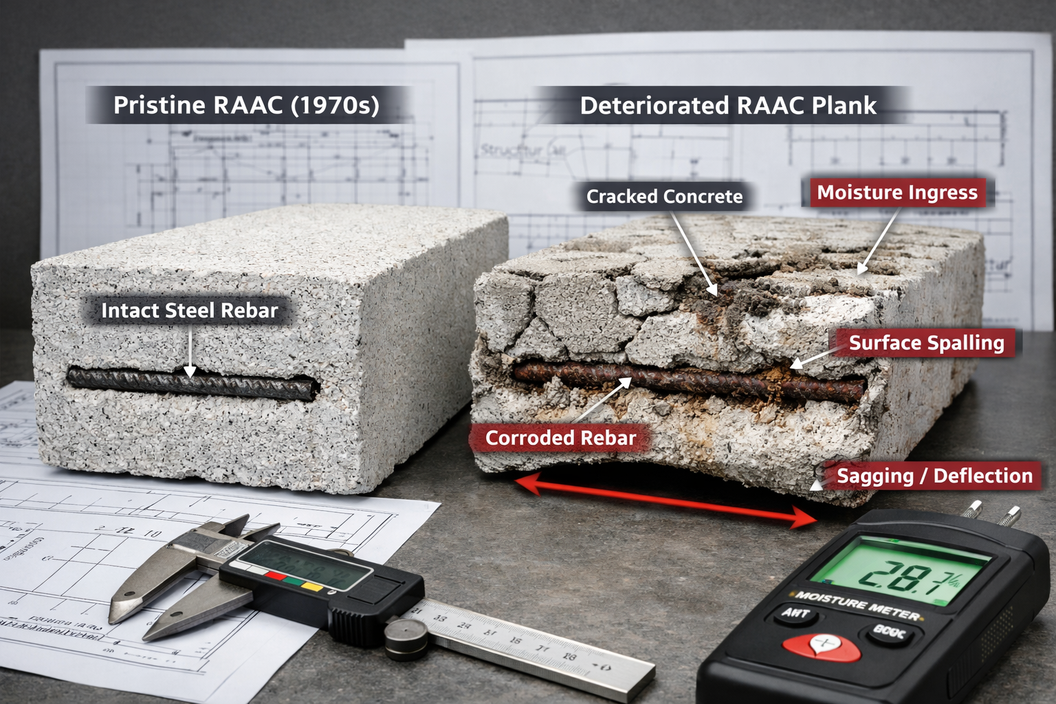 Detailed () image showing close-up cross-section of reinforced autoclaved aerated concrete (RAAC) plank with visible
