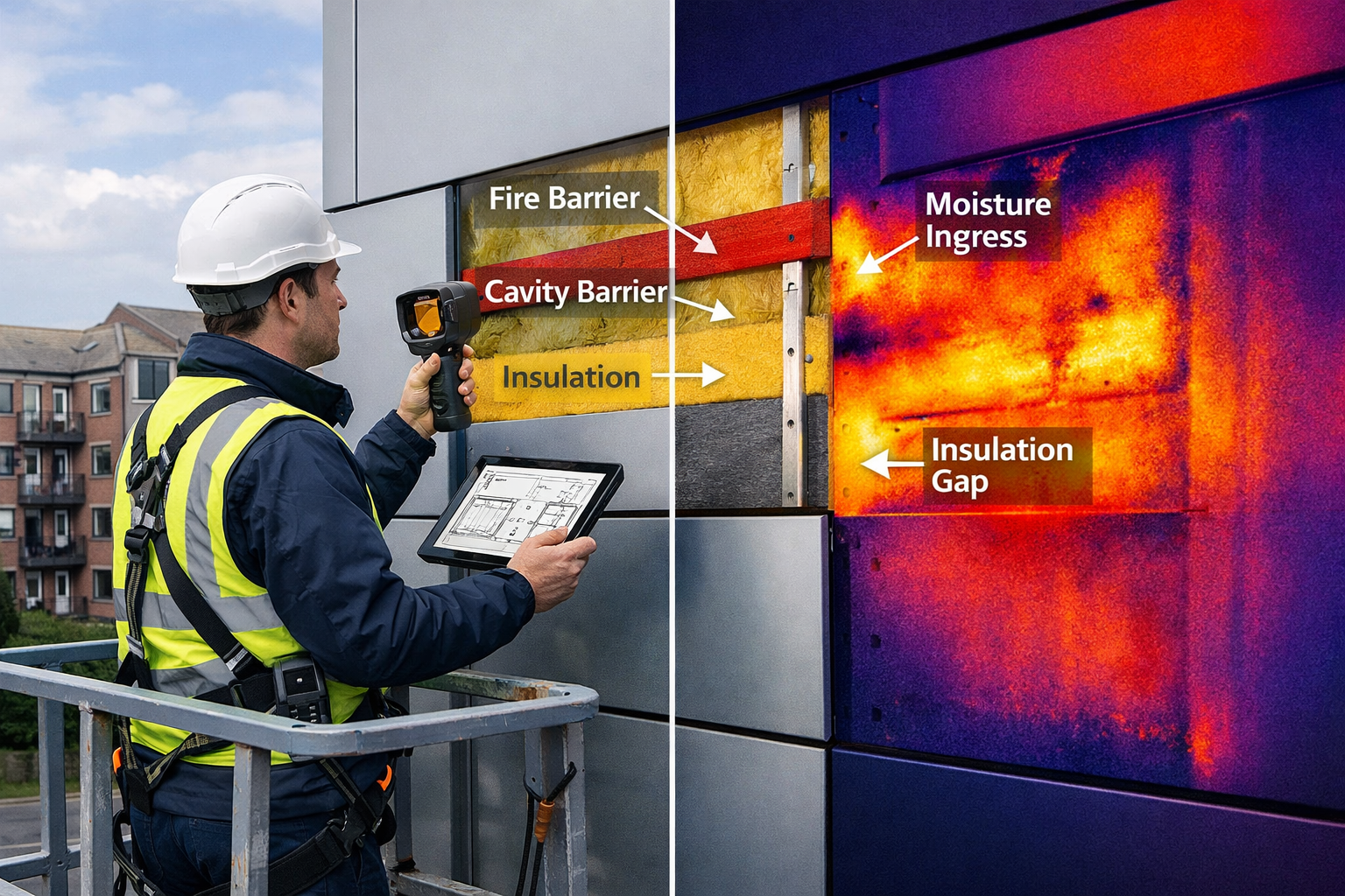 Detailed () image depicting modern building surveyor conducting comprehensive inspection of residential property exterior