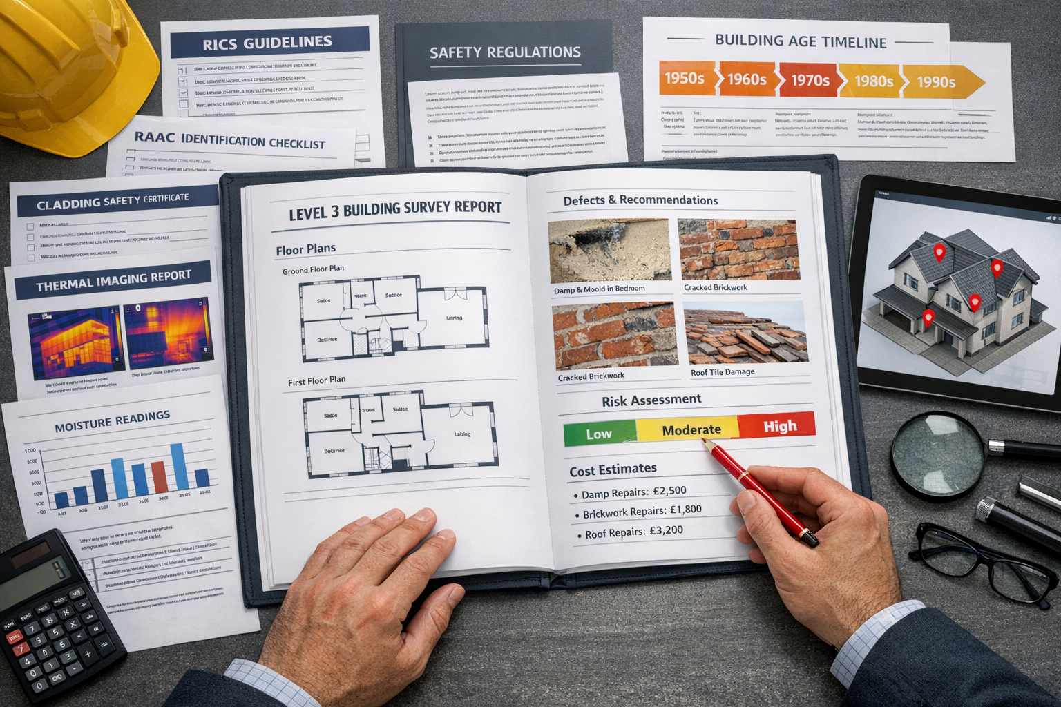 Detailed () image showing comprehensive building survey report documentation spread across modern desk workspace. Central