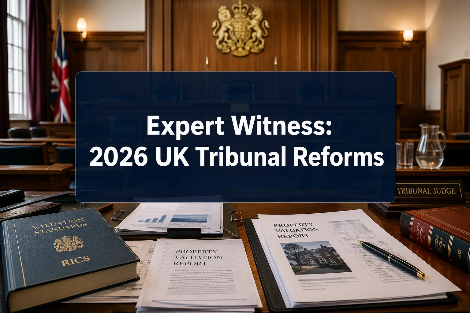 Professional () hero image with (≤42 chars): 'Expert Witness: 2026 UK Tribunal Reforms' in crisp white on a deep navy
