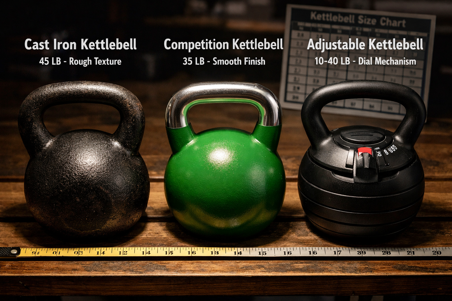 Detailed editorial photograph showing close-up comparison of three different kettlebell types side by side on wooden gym bench: traditional 
