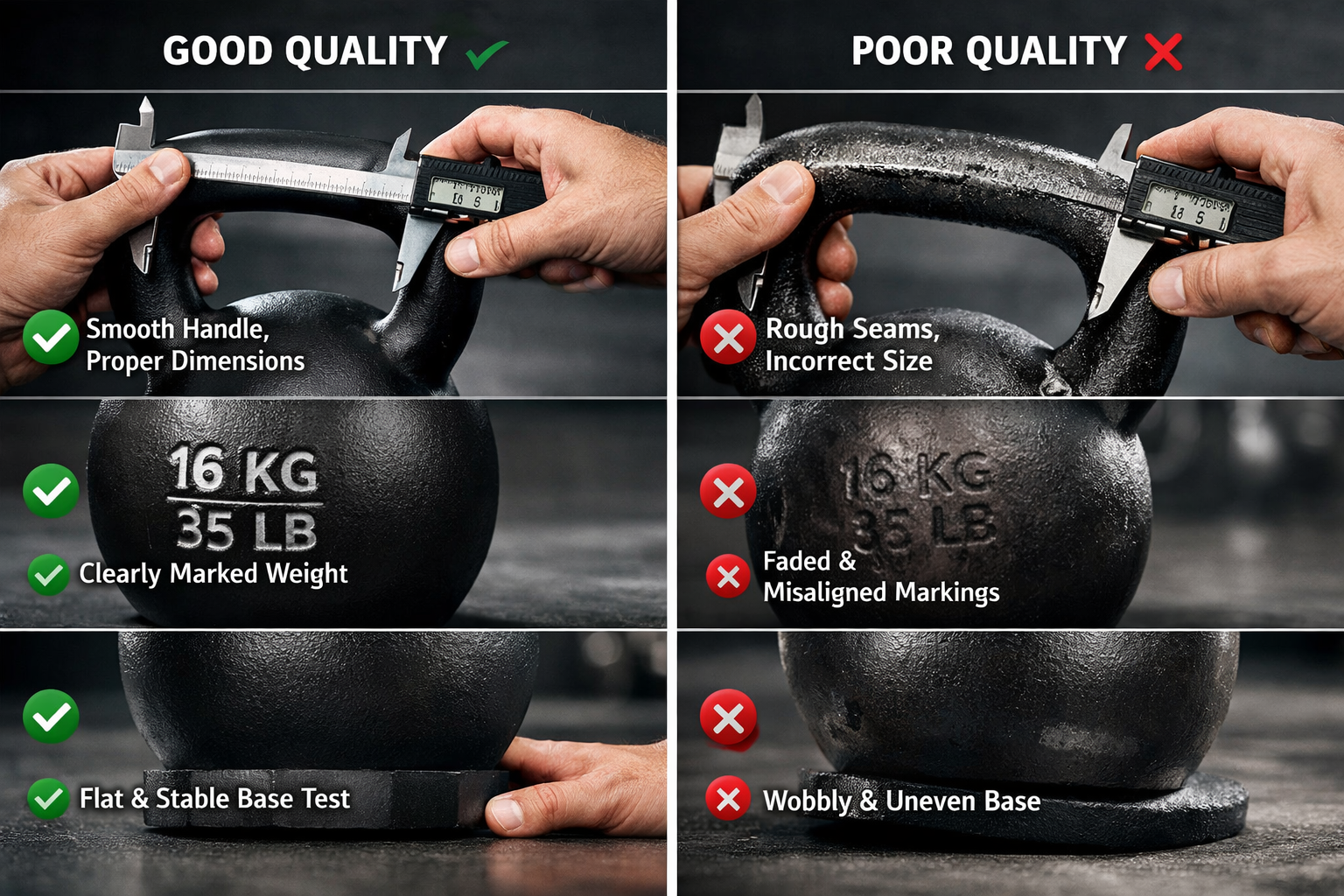 Atmospheric gym scene showing proper kettlebell quality inspection process: hands examining kettlebell handle diameter with caliper tool, cl