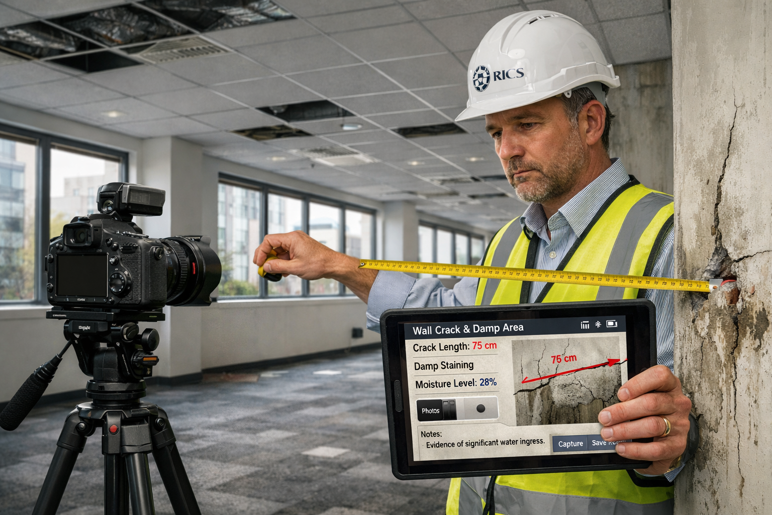 () detailed illustration showing RICS expert witness surveyor conducting site inspection in vacant commercial office space,