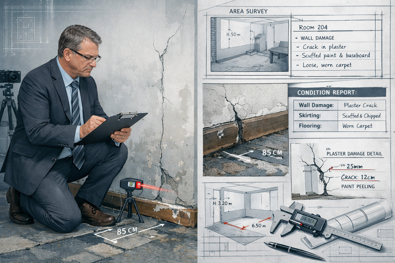 Professional architectural illustration depicting an expert witness surveyor meticulously examining a commercial property