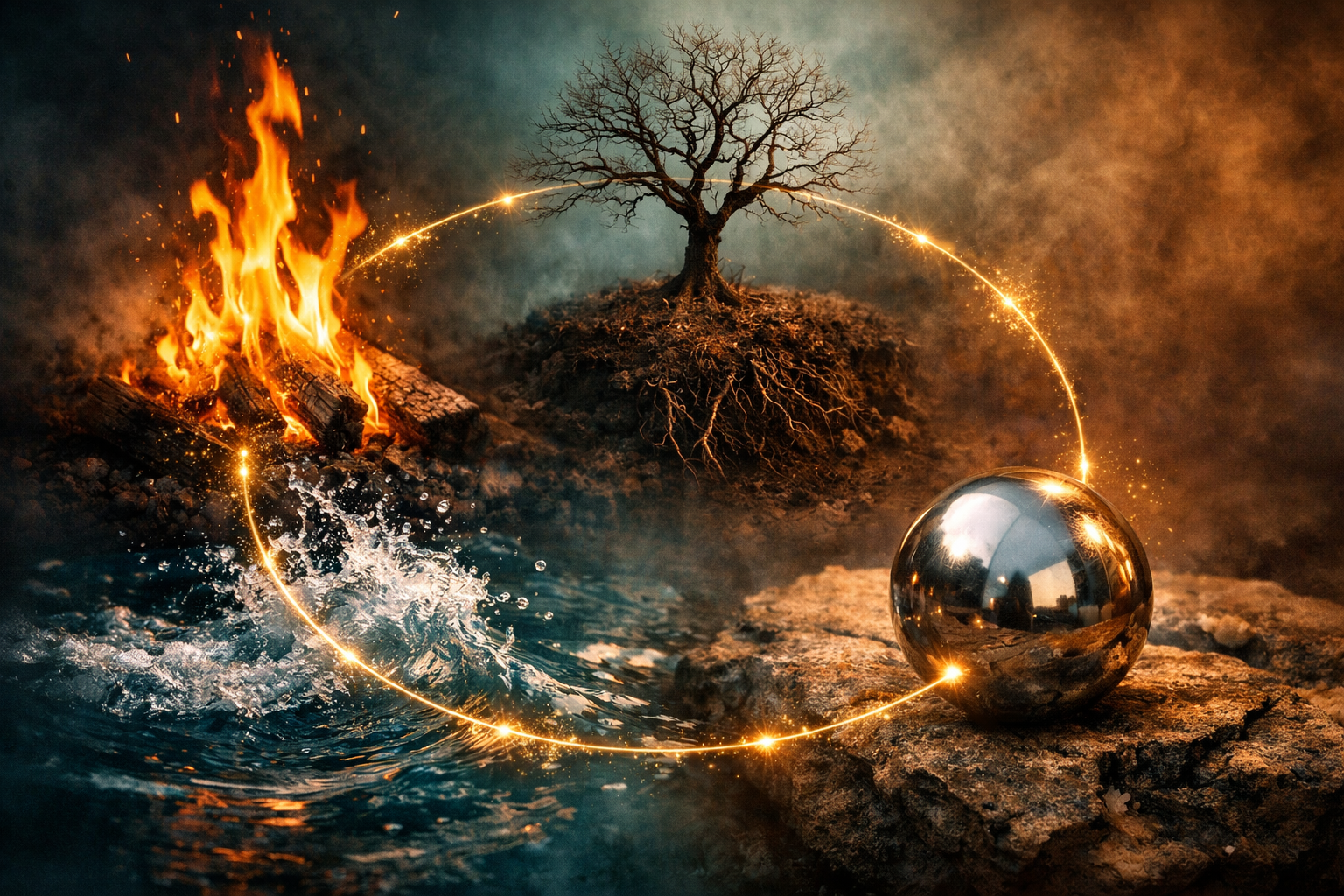 Professional () editorial hero image depicting the five classical elements in a harmonious circular arrangement: a glowing