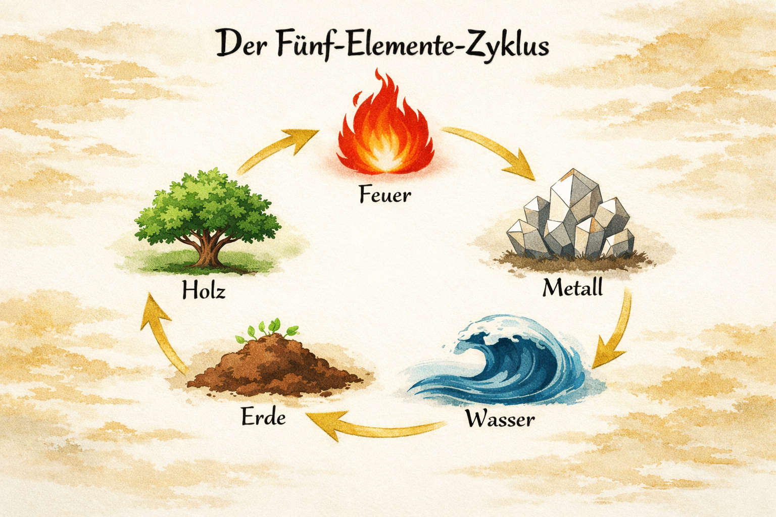 () detailed illustration showing the five-element cycle as a circular diagram with five interconnected symbols: Holz (tree