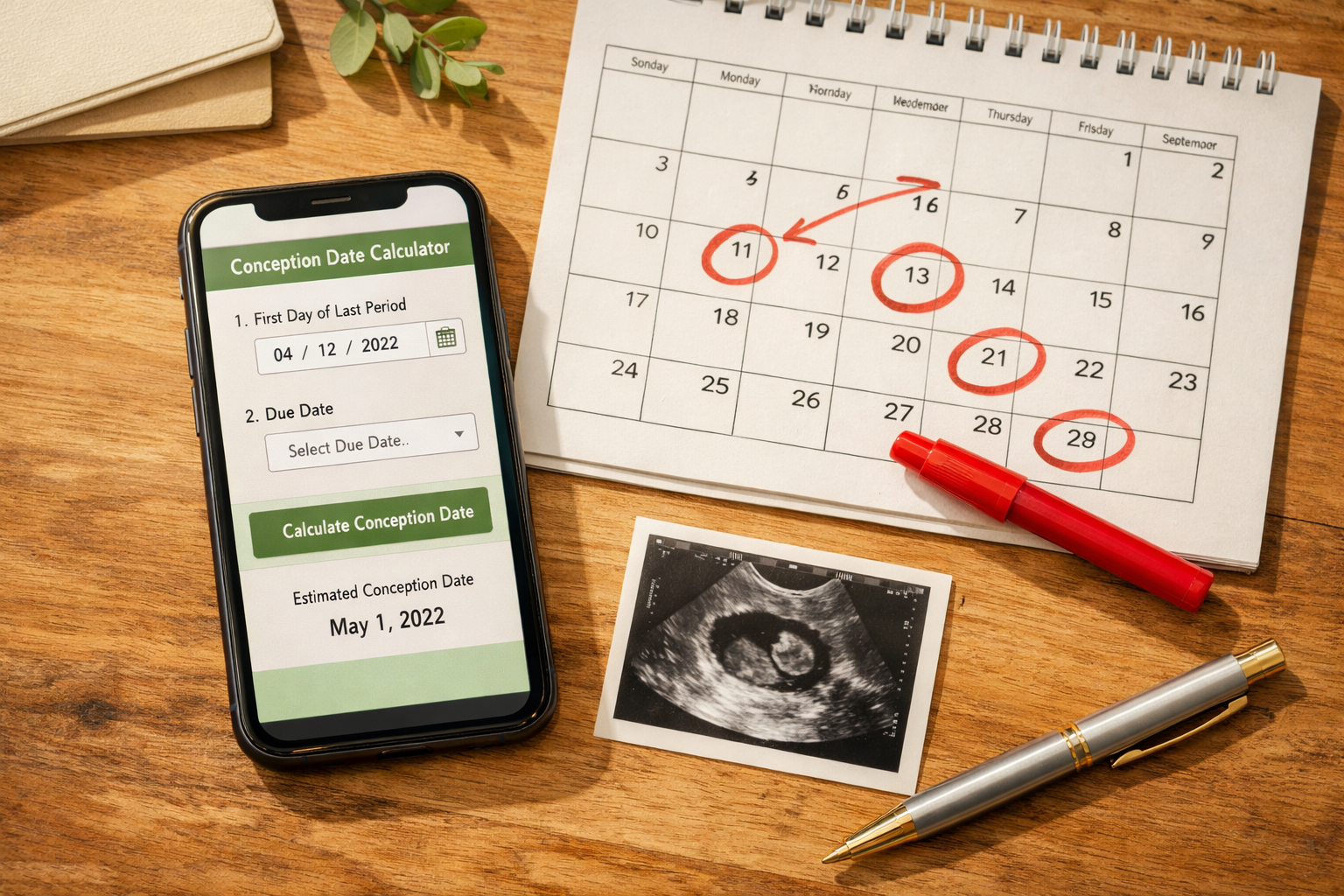 () showing a top-down flat lay of a wooden desk with a smartphone displaying an online conception calculator interface, a