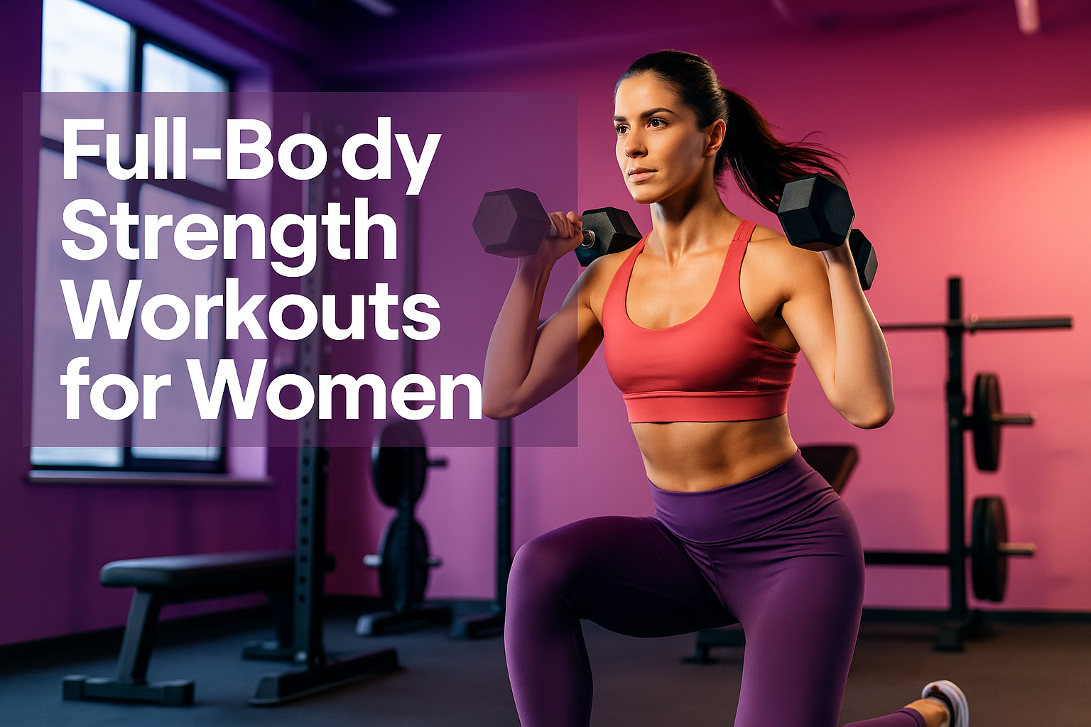 Professional landscape hero image (1536x1024) featuring bold text overlay 'Full-Body Strength Workouts for Women' in extra large 72pt white 