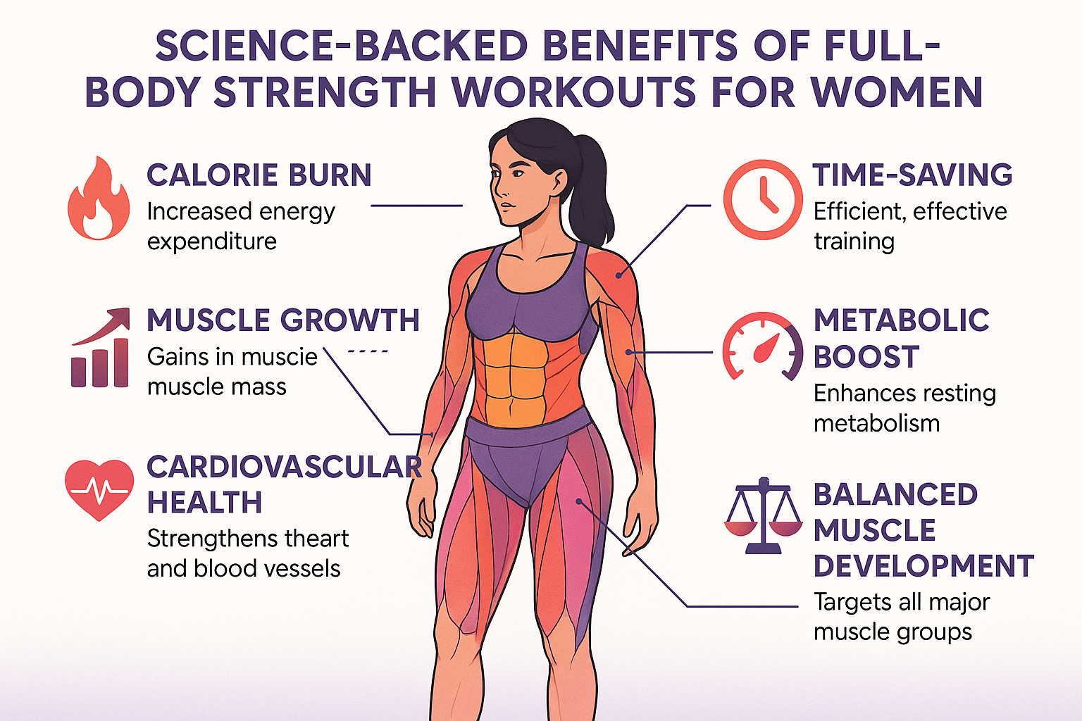 Detailed landscape infographic (1536x1024) showing the science-backed benefits of full-body strength workouts for women with illustrated fem