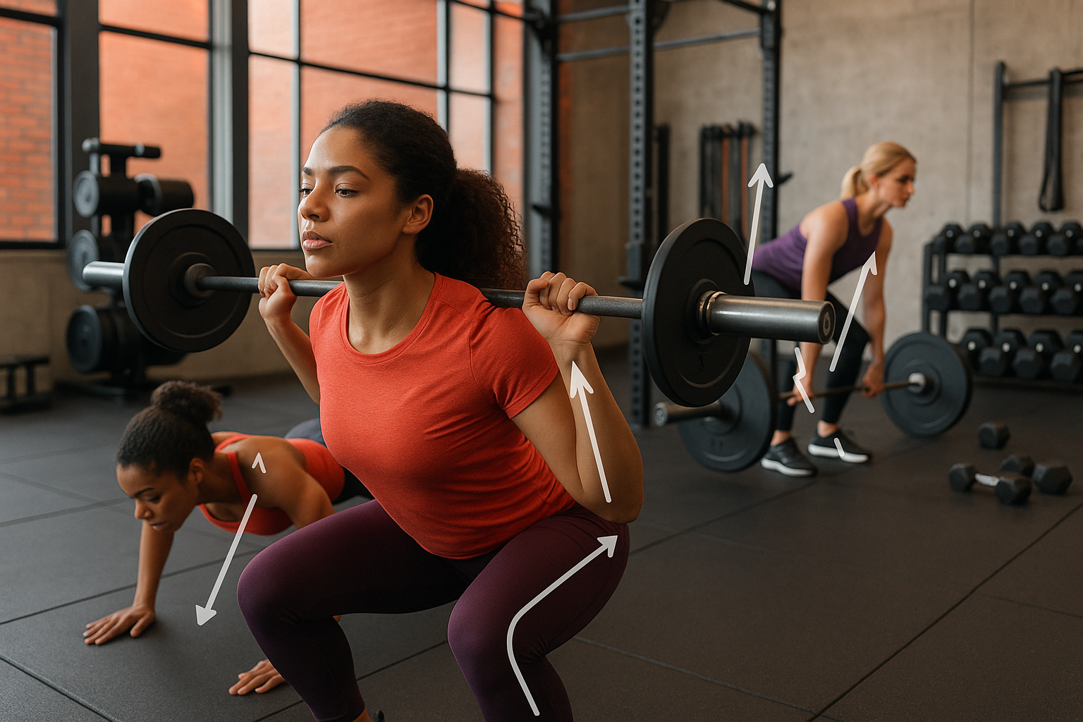Landscape editorial image (1536x1024) depicting diverse women performing essential full-body compound exercises in sequence: woman doing bar