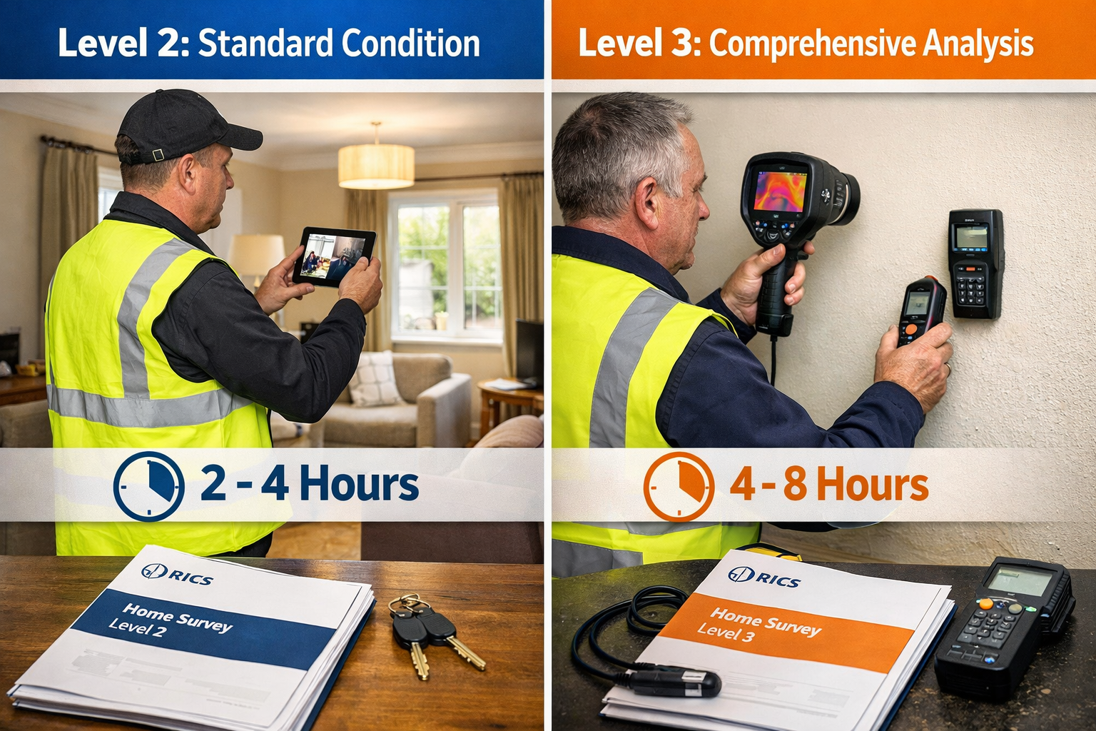Detailed () editorial image showing split-screen comparison: left side displays Level 2 survey scene with surveyor