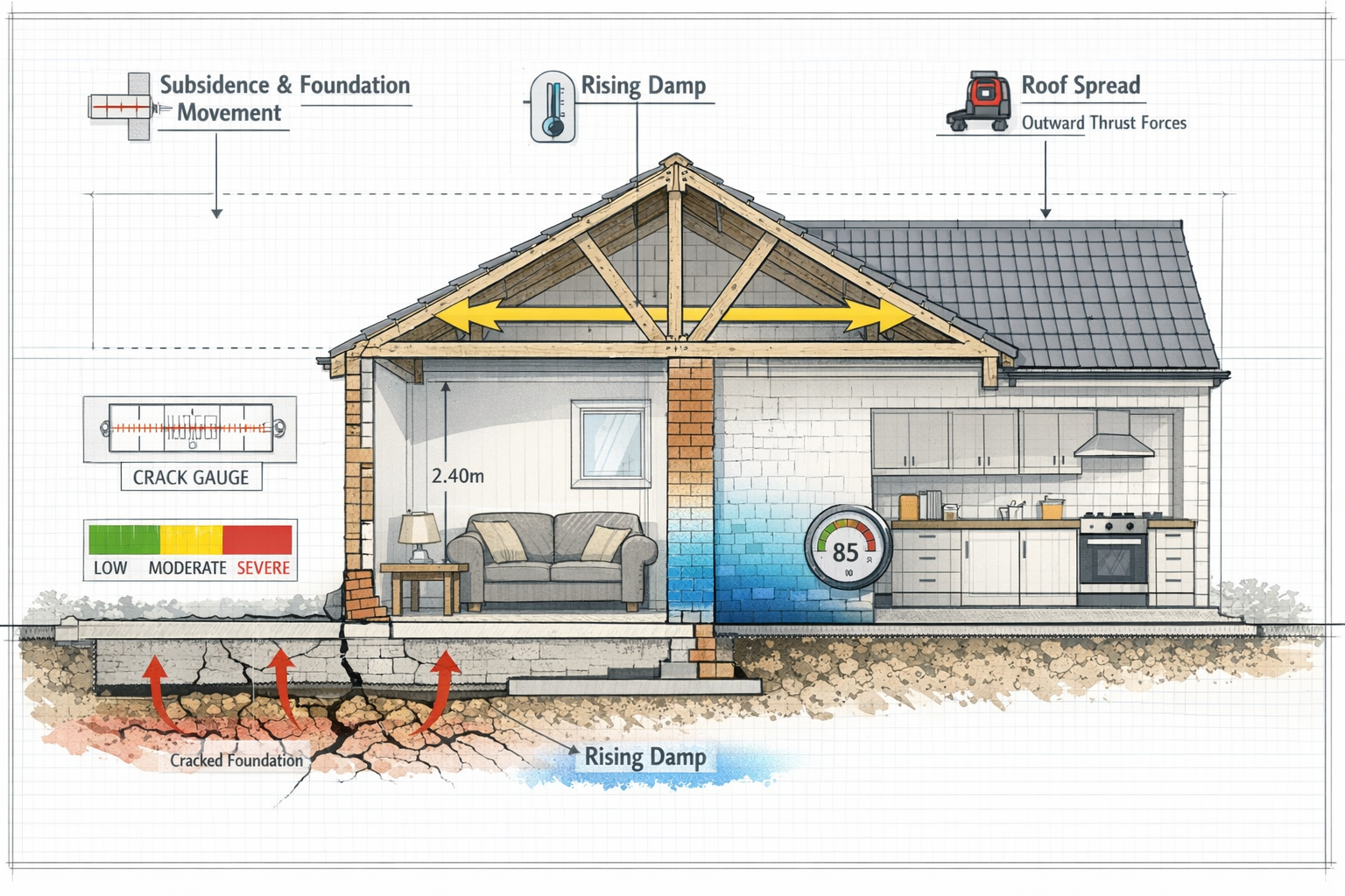 Detailed () technical illustration showing cross-section cutaway view of typical British bungalow structure with three