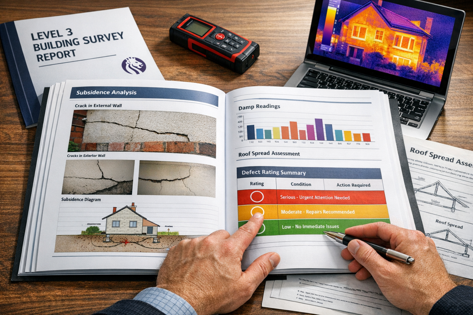 Detailed () professional photograph of comprehensive building survey report documents spread on desk: thick Level 3 survey