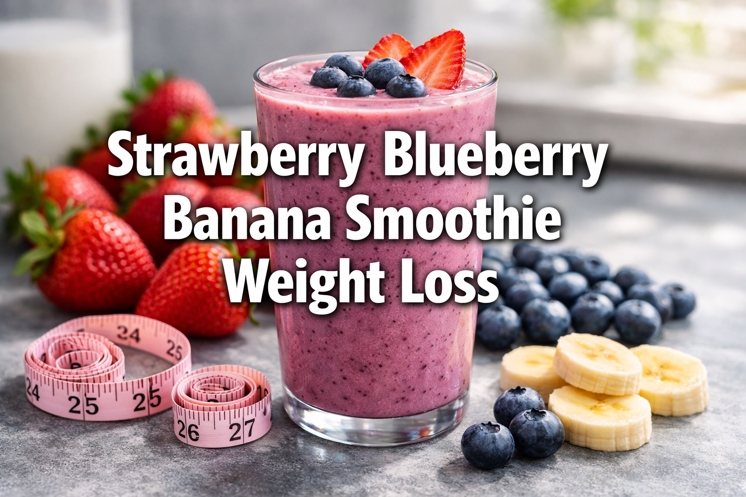 Professional landscape hero image (1536x1024) with bold text overlay 'Strawberry Blueberry Banana Smoothie Weight Loss' in extra large 70pt 