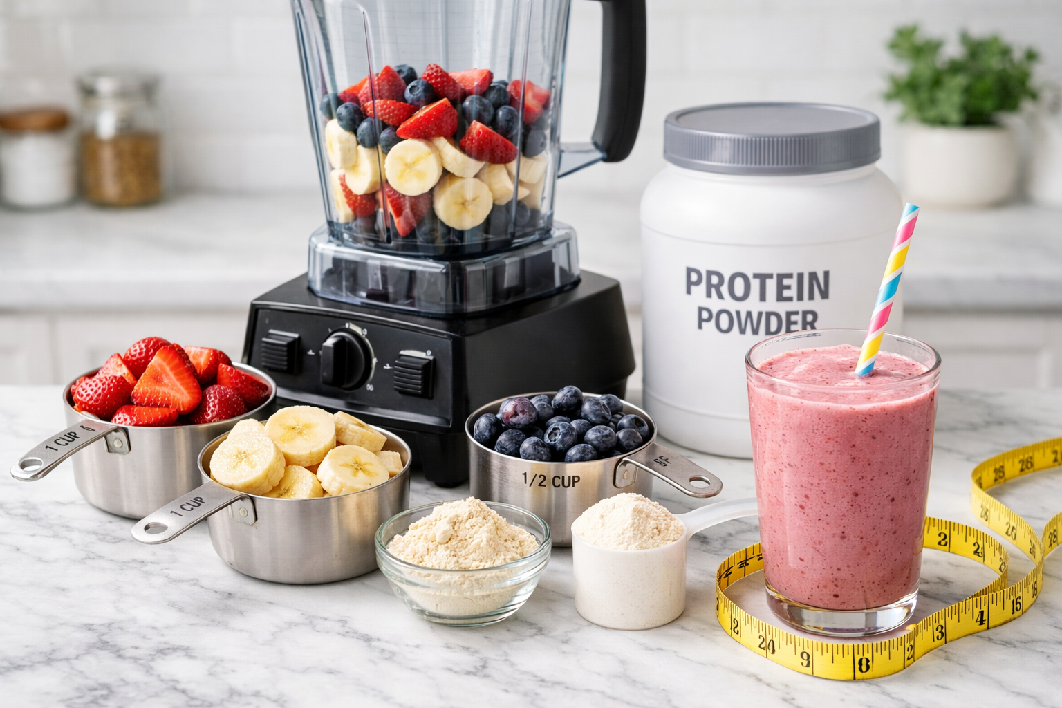 Detailed landscape image (1536x1024) showing step-by-step smoothie preparation process with fresh strawberries, blueberries, and banana slic