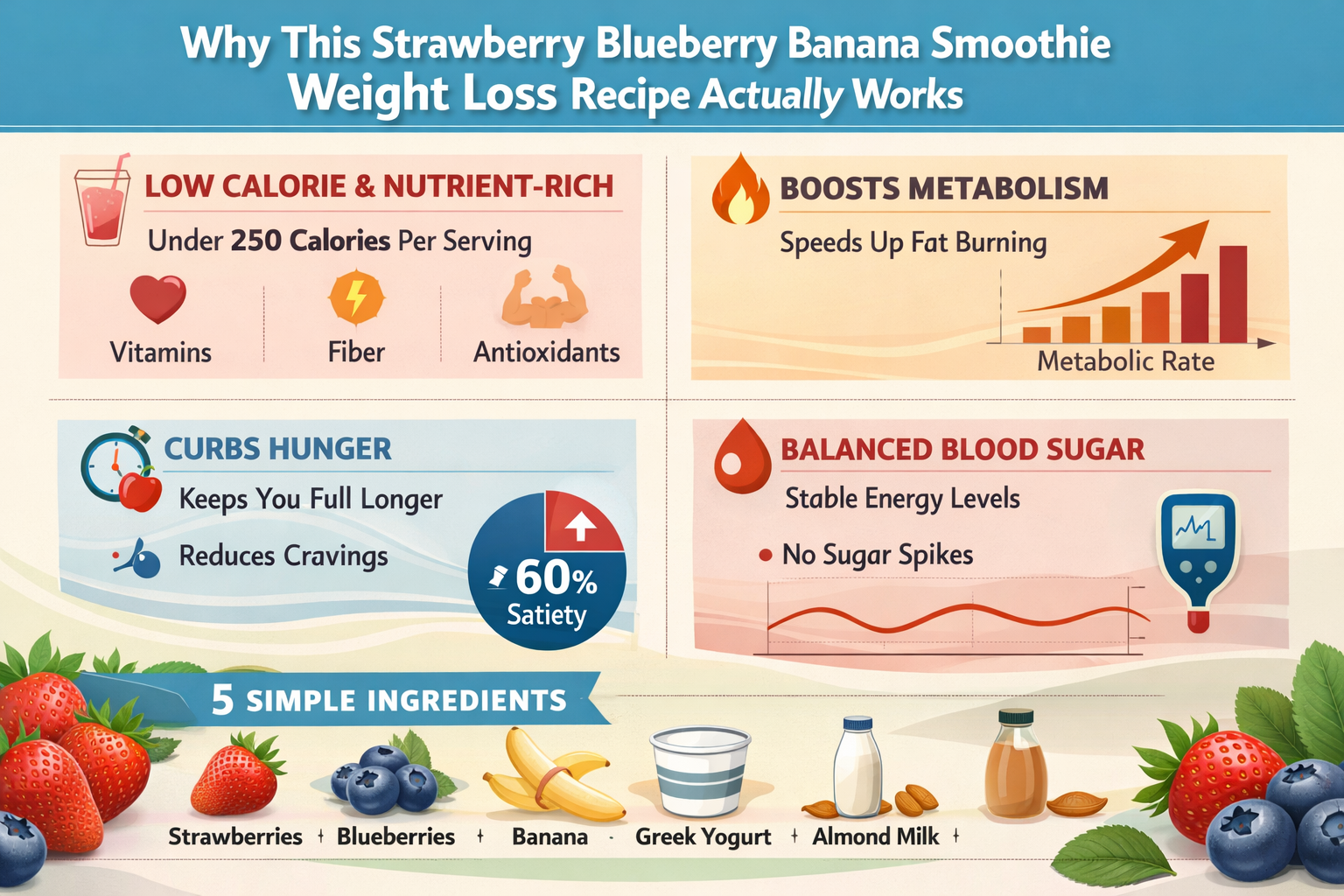 Professional landscape infographic (1536x1024) for article "Strawberry Blueberry Banana Smoothie Weight Loss: Your Simple 5-Ingredient Morni