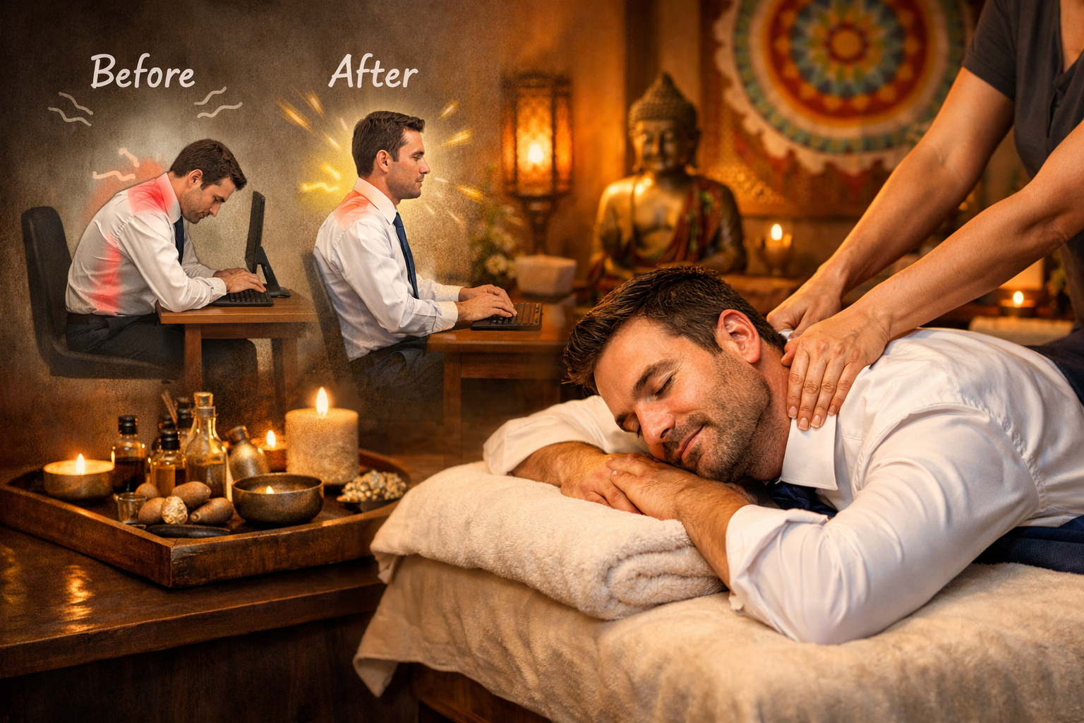 Landscape format (1536x1024) image showing corporate professional receiving neck and shoulder massage at luxury spa, therapist's hands worki