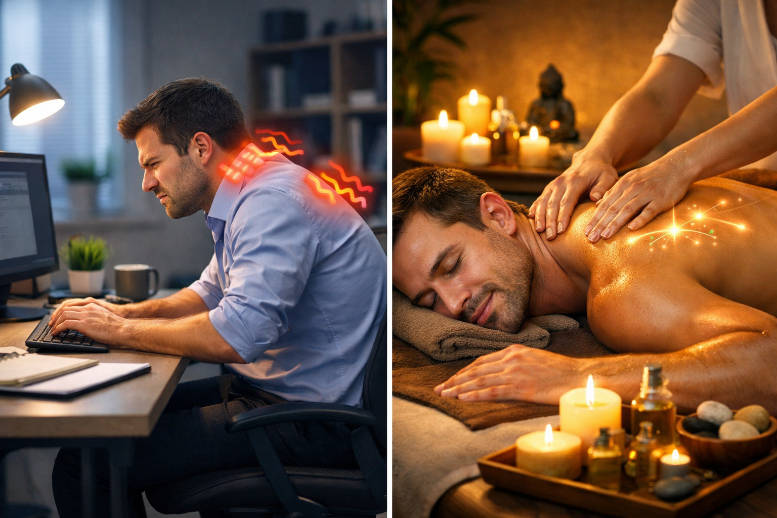 Landscape format (1536x1024) image depicting comparison between office worker with poor posture at desk versus same person receiving therape
