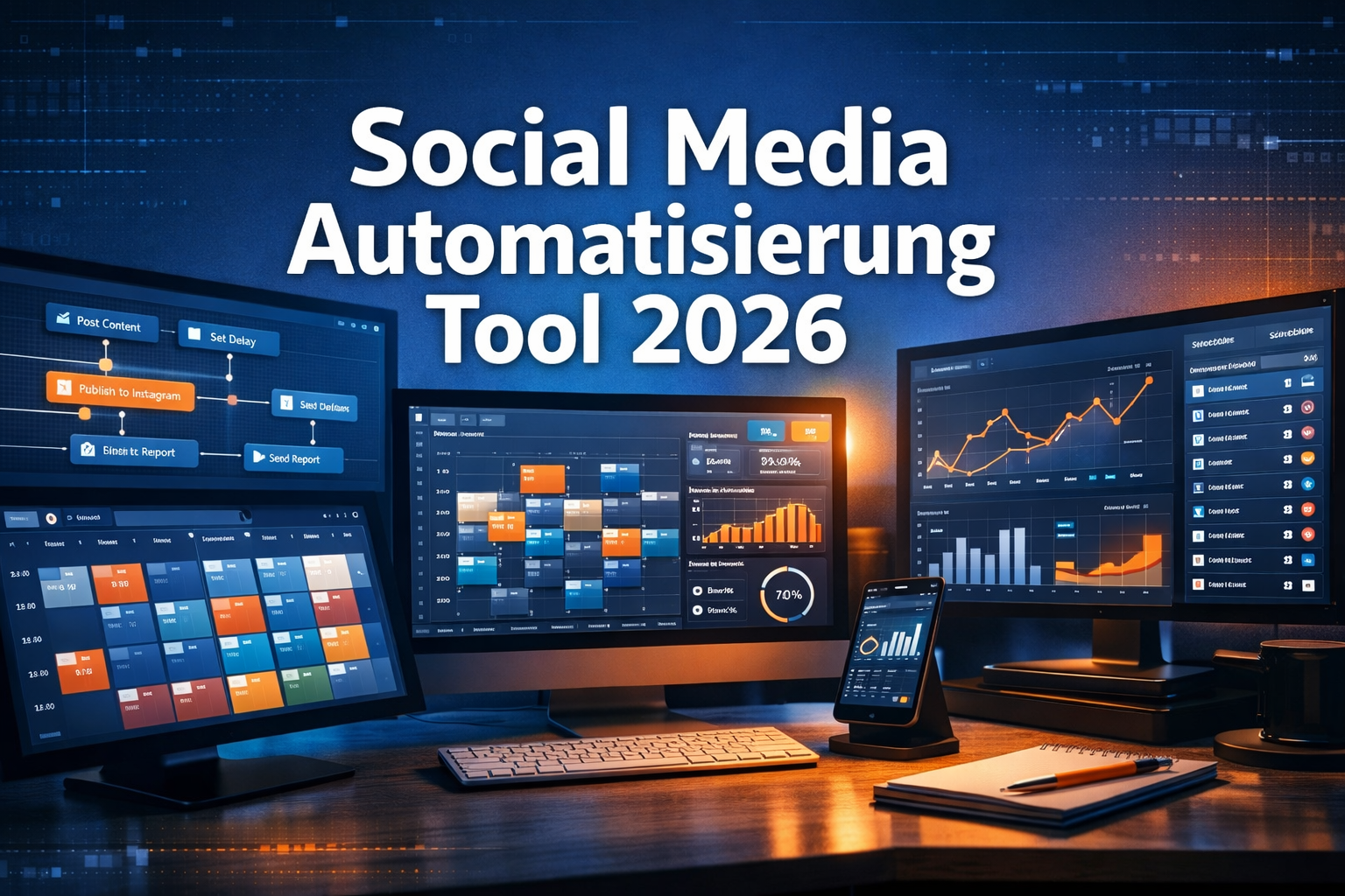 Professional landscape format (1536x1024) hero image featuring bold text overlay 'Social Media Automatisierung Tool 2026' in extra large 70p - Social Media Automatisierung Tool 1 Professional landscape format (1536x1024) hero image featuring bold text overlay 'Social Media Automatisierung Tool 2026' in extra large 70p