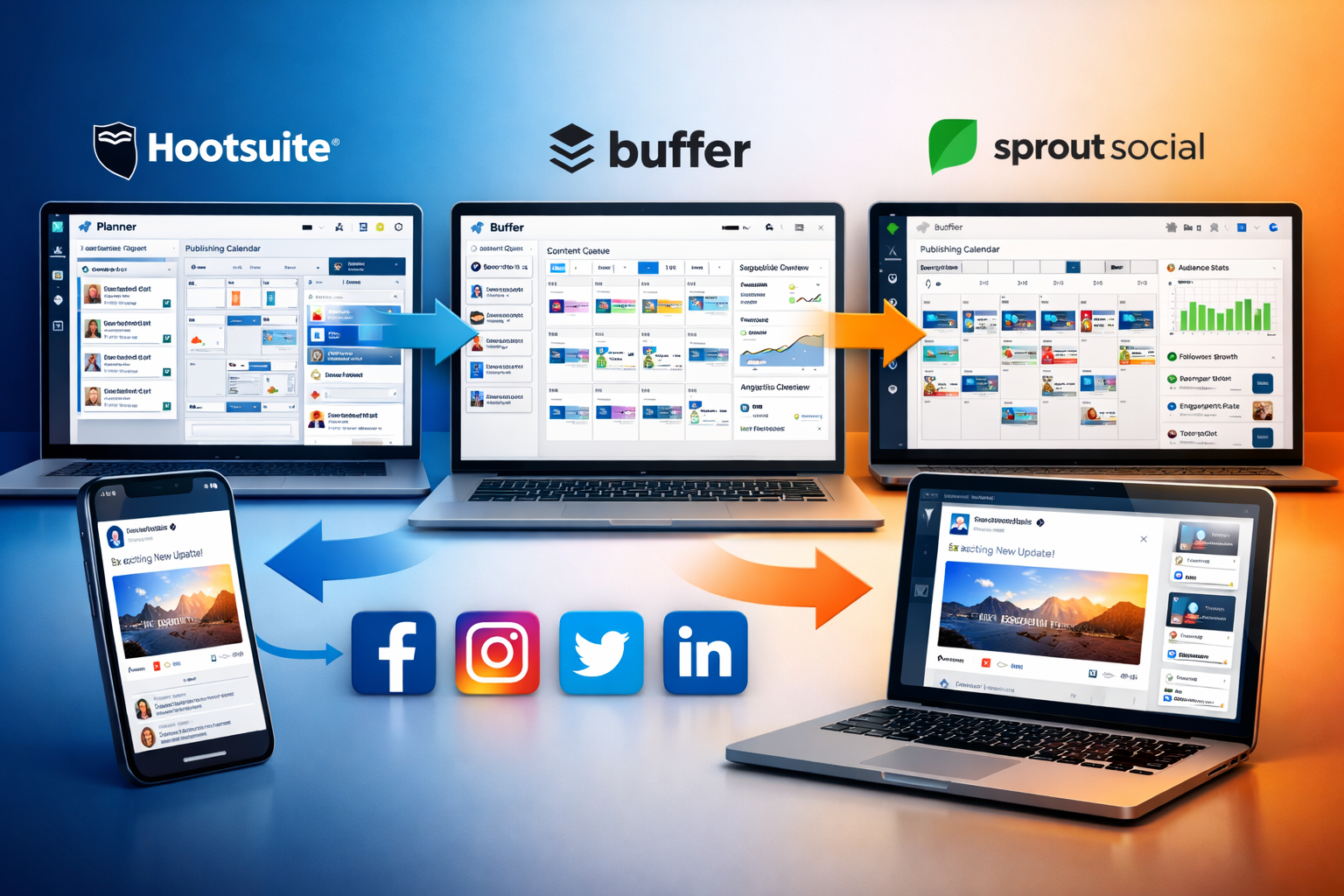 Landscape format (1536x1024) image showing various social media automation tool interfaces side by side - Hootsuite, Buffer, Sprout Social d - Social Media Automatisierung Tool 2 Landscape format (1536x1024) image showing various social media automation tool interfaces side by side - Hootsuite, Buffer, Sprout Social d
