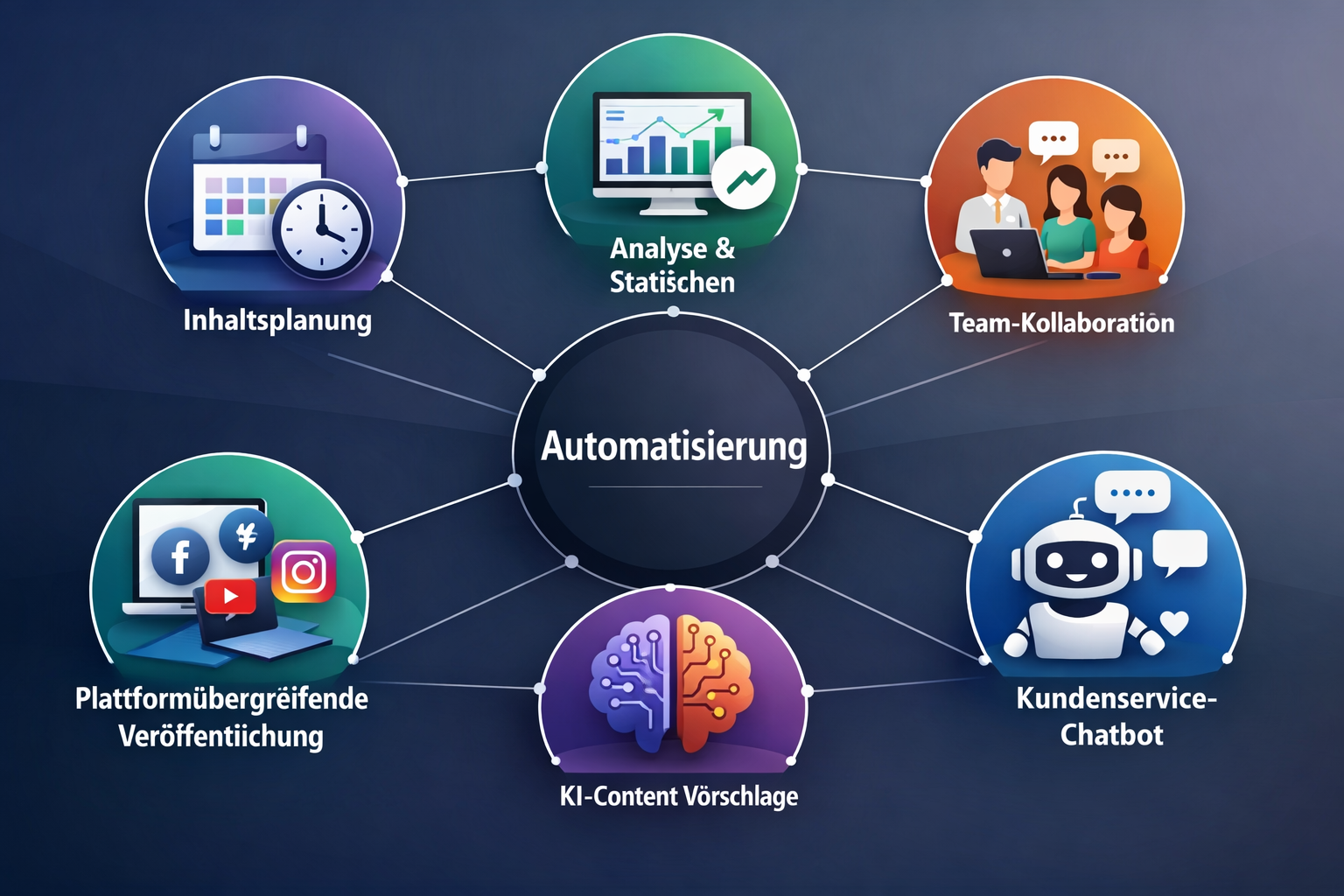 Landscape format (1536x1024) infographic-style image displaying key automation features as interconnected nodes: content scheduling clock, a - Social Media Automatisierung Tool 5 Landscape format (1536x1024) infographic-style image displaying key automation features as interconnected nodes: content scheduling clock, a