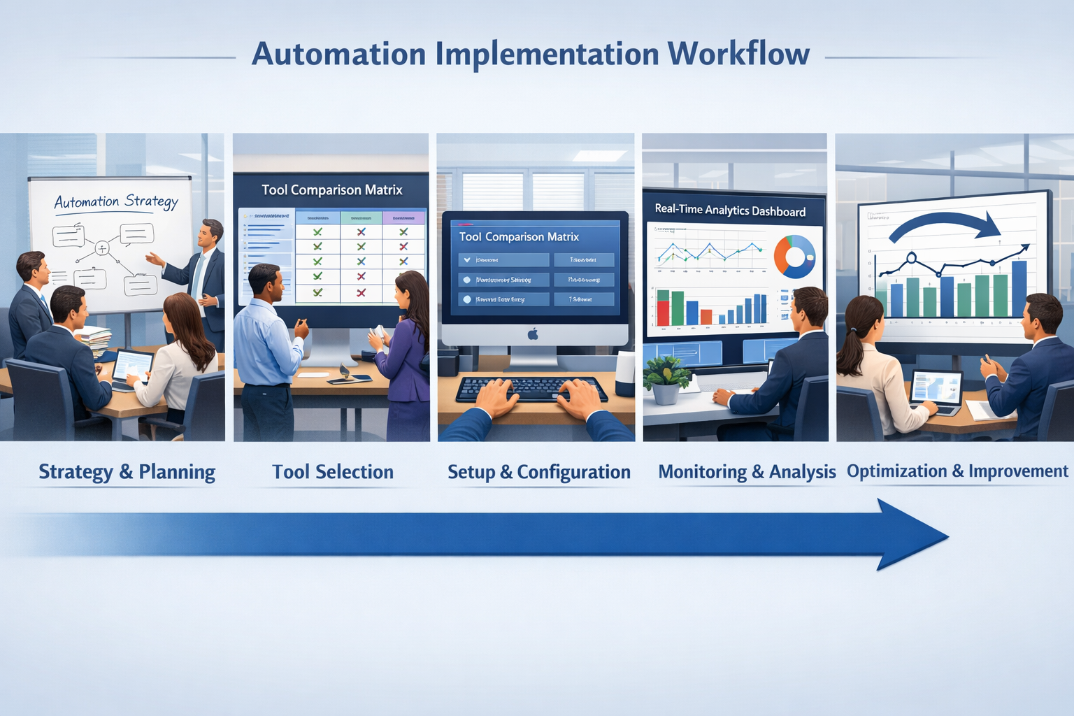 Landscape format (1536x1024) image depicting automation implementation workflow: strategy planning phase with team meeting, tool selection w - Social Media Automatisierung Tool 7 Landscape format (1536x1024) image depicting automation implementation workflow: strategy planning phase with team meeting, tool selection w