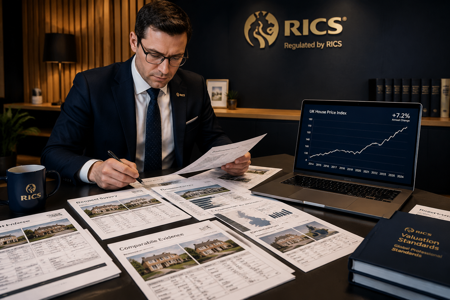 Wide-angle editorial photograph of a professional RICS valuation surveyor in a suit reviewing printed residential market