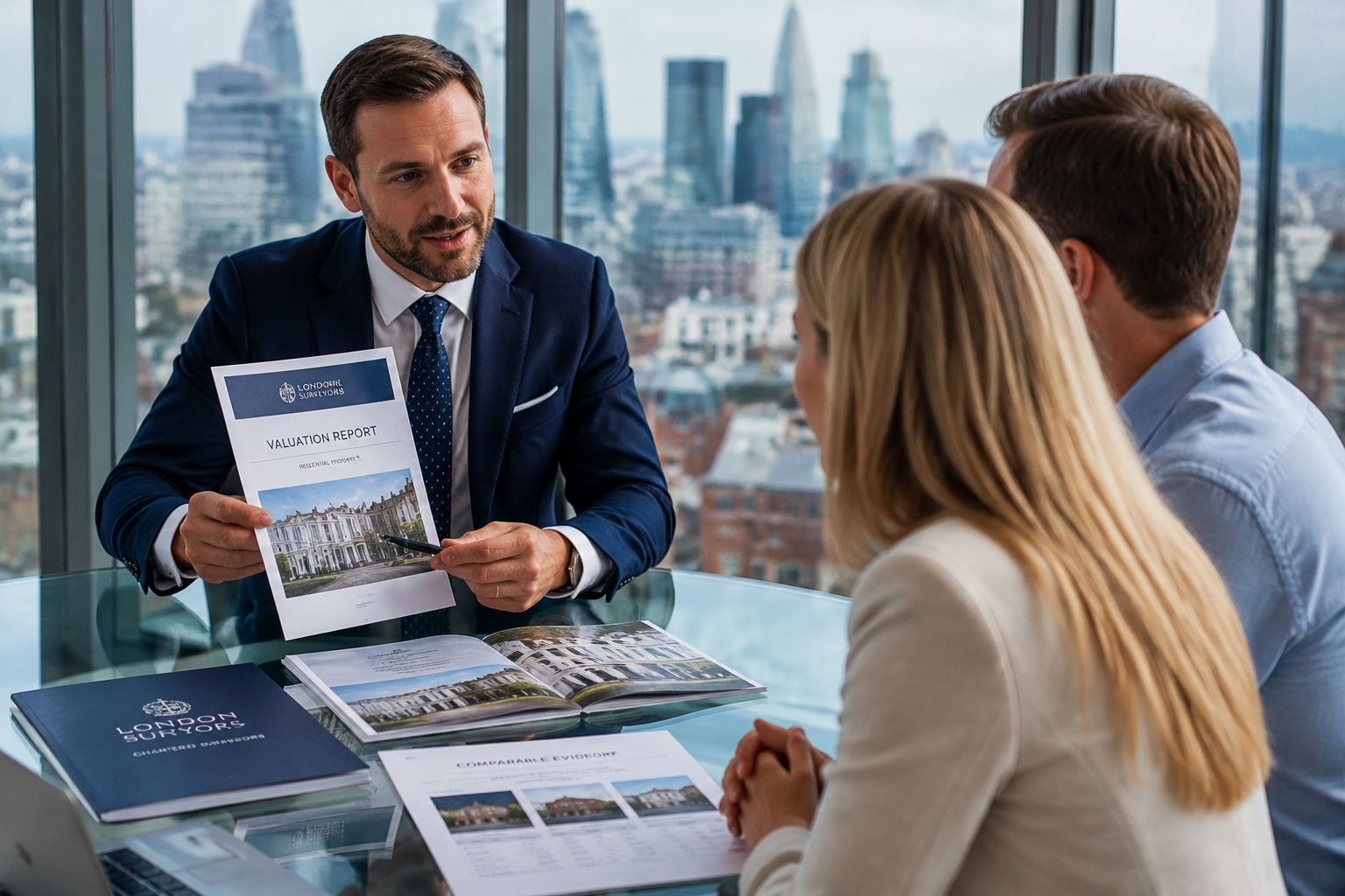 Close-up editorial photograph of a chartered surveyor in a professional meeting room presenting printed valuation reports to