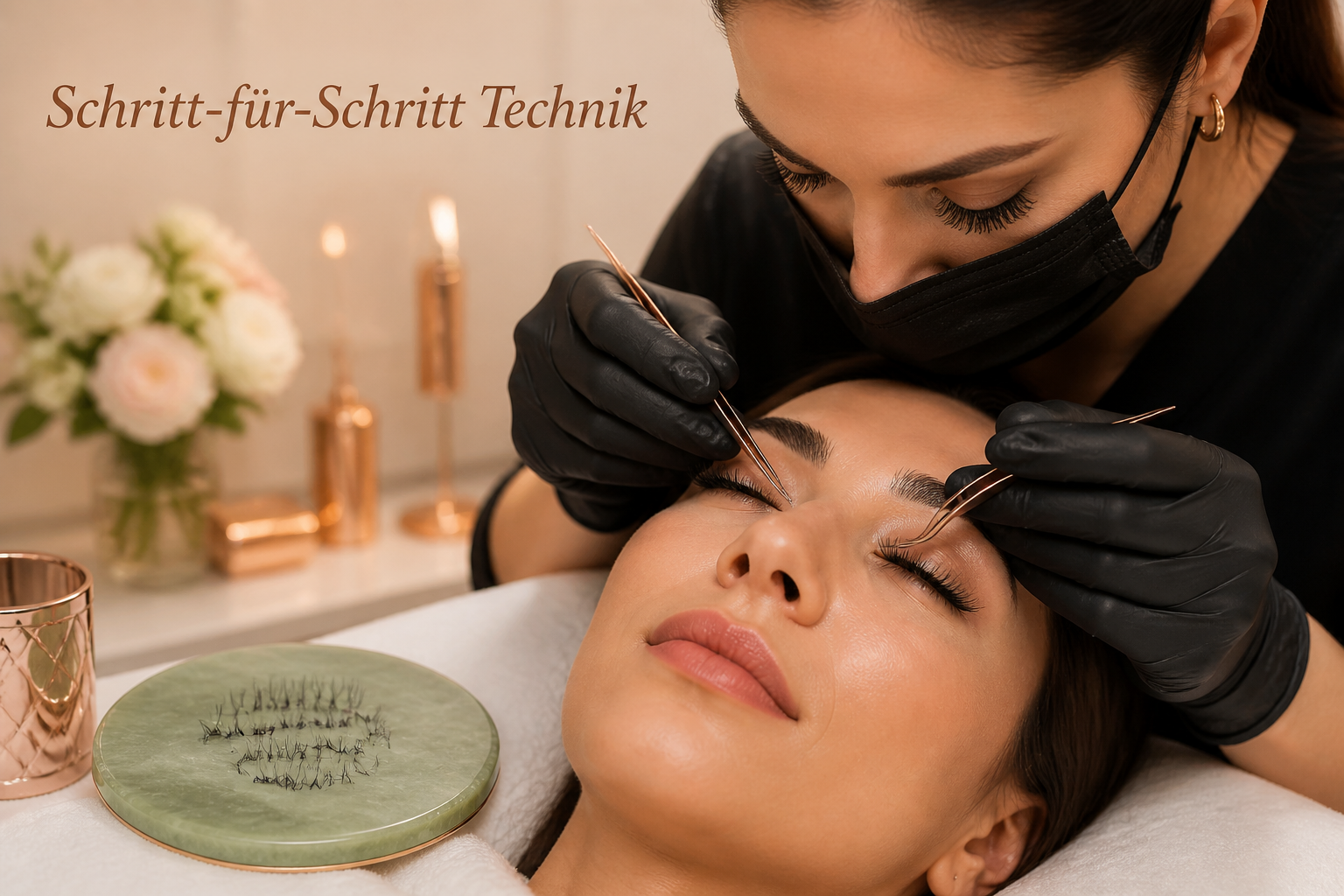 Querformat () Detailaufnahme einer Lash-Stylistin bei der Applikation von unteren Wimpernverlängerungen mit