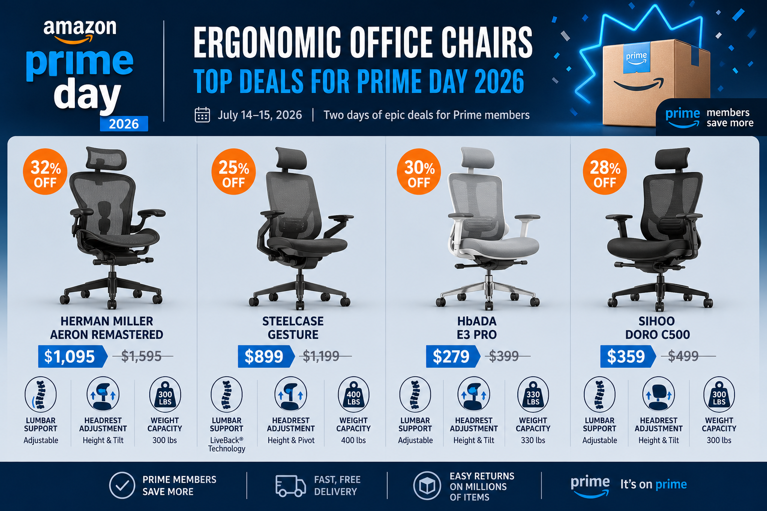 Landscape format (1536x1024) comparison infographic showing side-by-side ergonomic office chair deals for Amazon Prime Day 2026. Four chairs displayed in a horizontal row with price badges, discount percentage bubbles in Amazon orange, and feature icons for lumbar support, headrest adjustment, and weight capacity. Background is a muted blue-gray gradient with Prime Day branding elements. Bold sans-serif labels beneath each chair model name. Clean data visualization style, editorial quality, professional infographic design. Other Top Office Chair Deals During Prime Day 2026