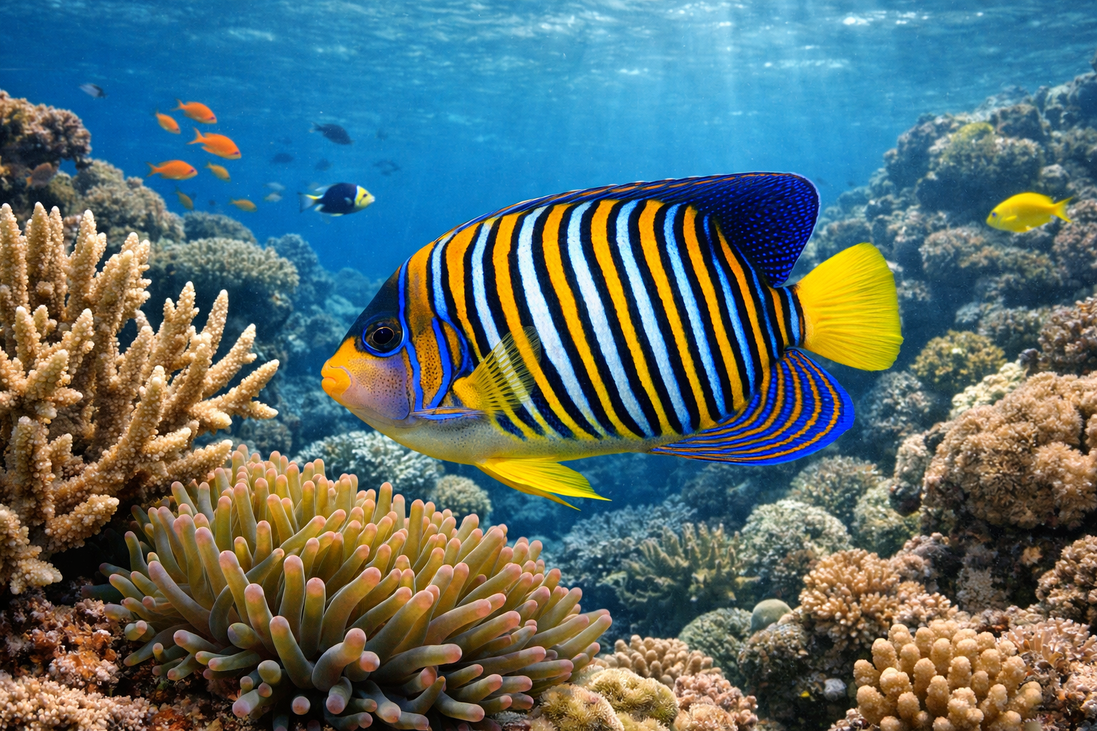 Detailed landscape format (1536x1024) underwater scene showing a magnificent regal angelfish in its natural coral reef habitat, swimming amo