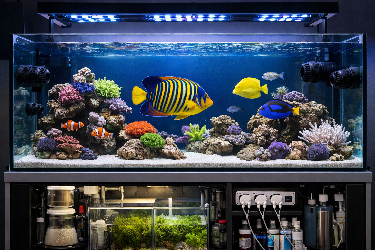 Professional landscape format (1536x1024) image of a well-maintained marine aquarium setup specifically designed for regal angelfish care. S