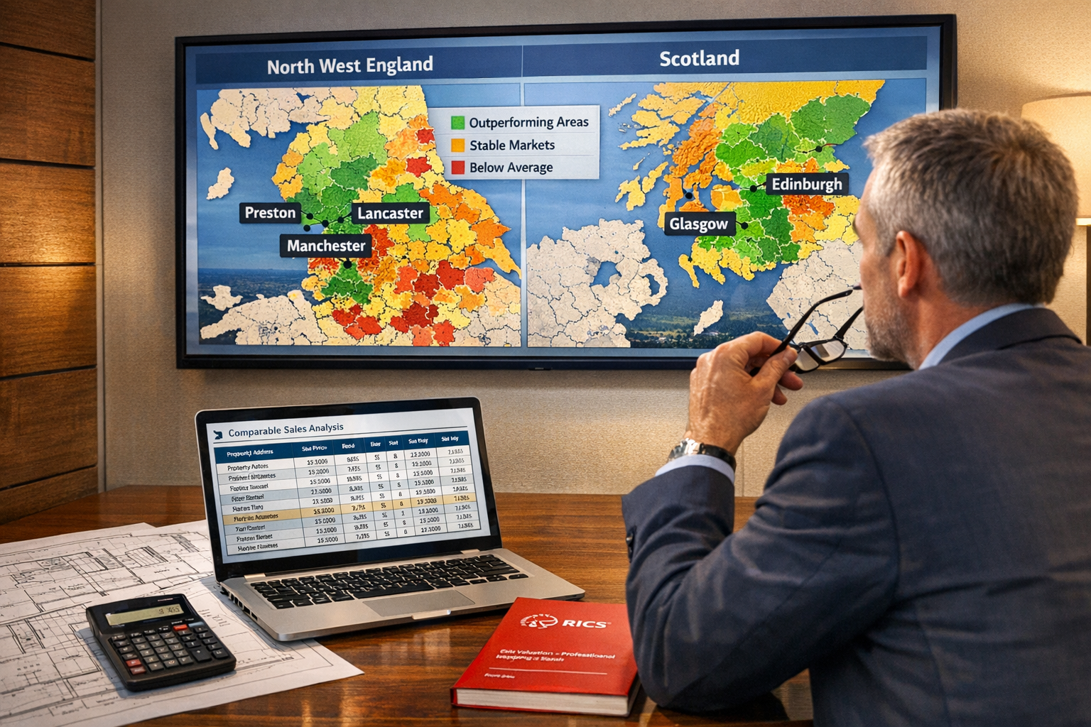 Detailed () image showing professional RICS surveyor conducting comparative market analysis in modern office setting, large
