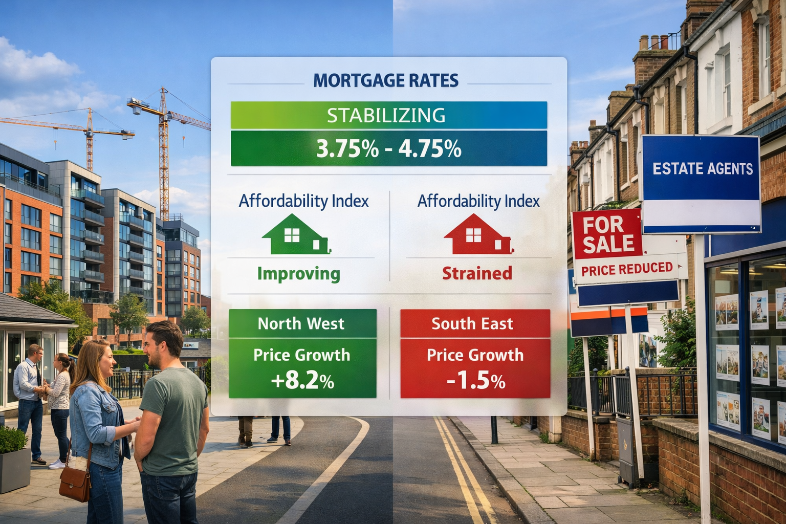 Wide-angle () photograph of contrasting UK regional property markets, split composition showing left side: vibrant North