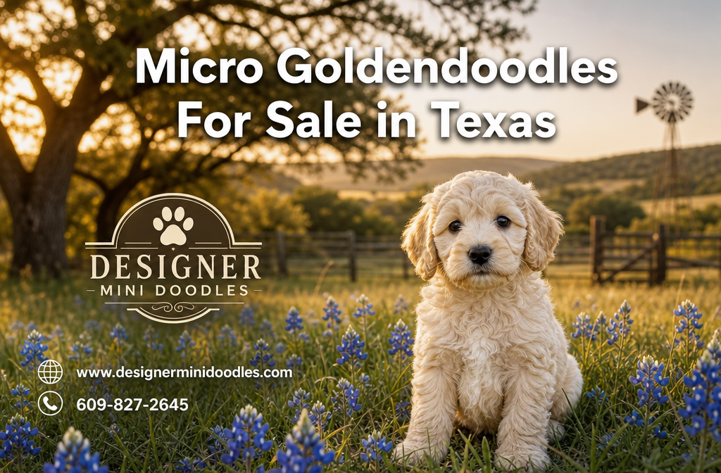 Professional () hero image with : 'Micro Goldendoodles For Sale in Texas' in white with subtle drop , centered upper-third.