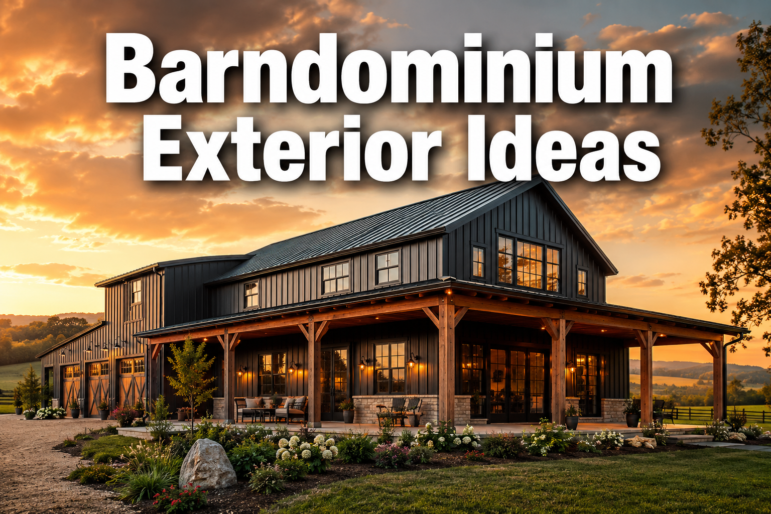 Professional () hero image with : 'Barndominium Exterior Ideas' in extra large white with dark drop , centered in upper