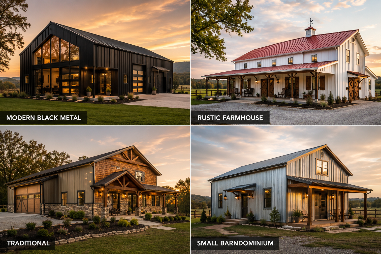 Detailed () split-panel comparison image showing four distinct barndominium exterior styles side by side: top-left shows a