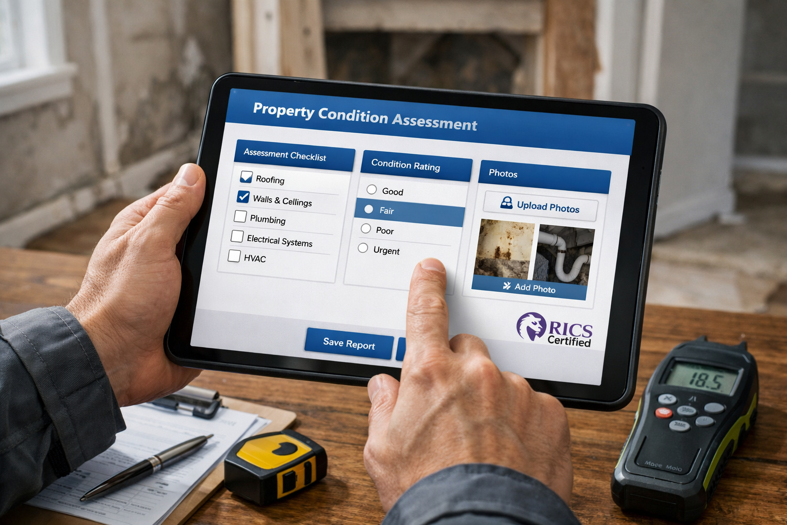 Detailed () image showing close-up of professional surveyor's hands holding modern digital tablet displaying property
