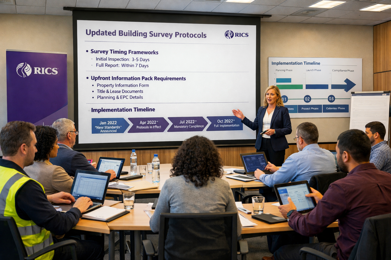 Wide-angle () image depicting professional training seminar environment with diverse group of qualified surveyors attending