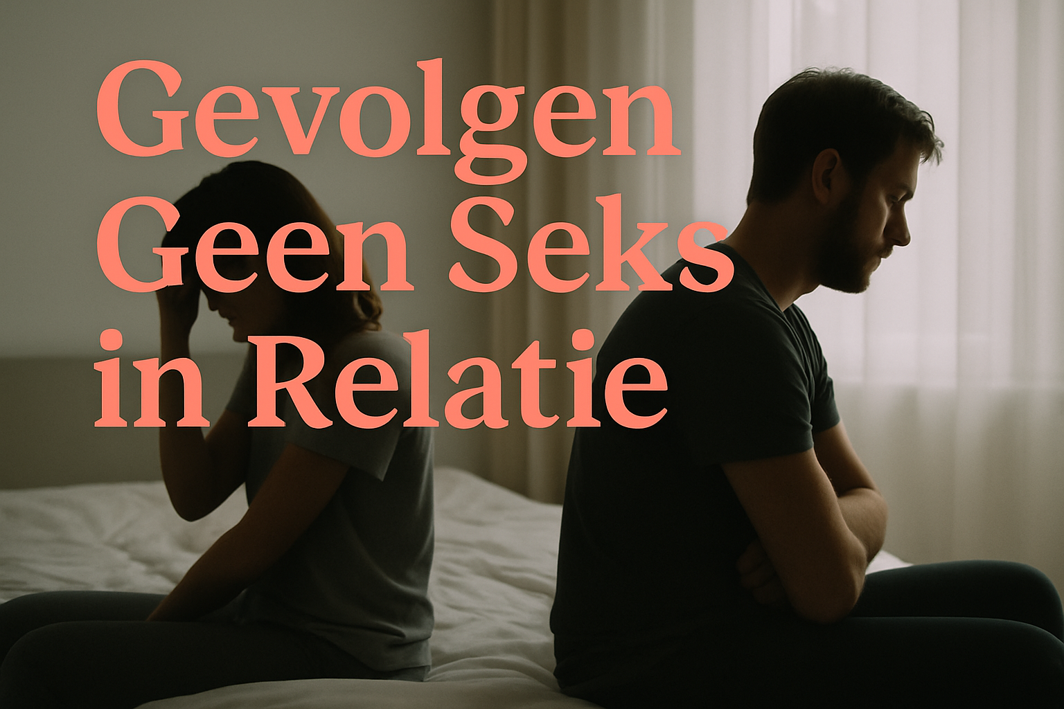 Professional landscape hero image (1536x1024) featuring bold text overlay "Gevolgen Geen Seks in Relatie" in extra large 72pt warm coral san