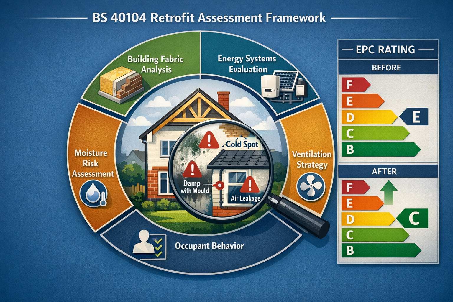 () detailed infographic showing BS 40104 retrofit assessment framework as circular diagram with interconnected segments
