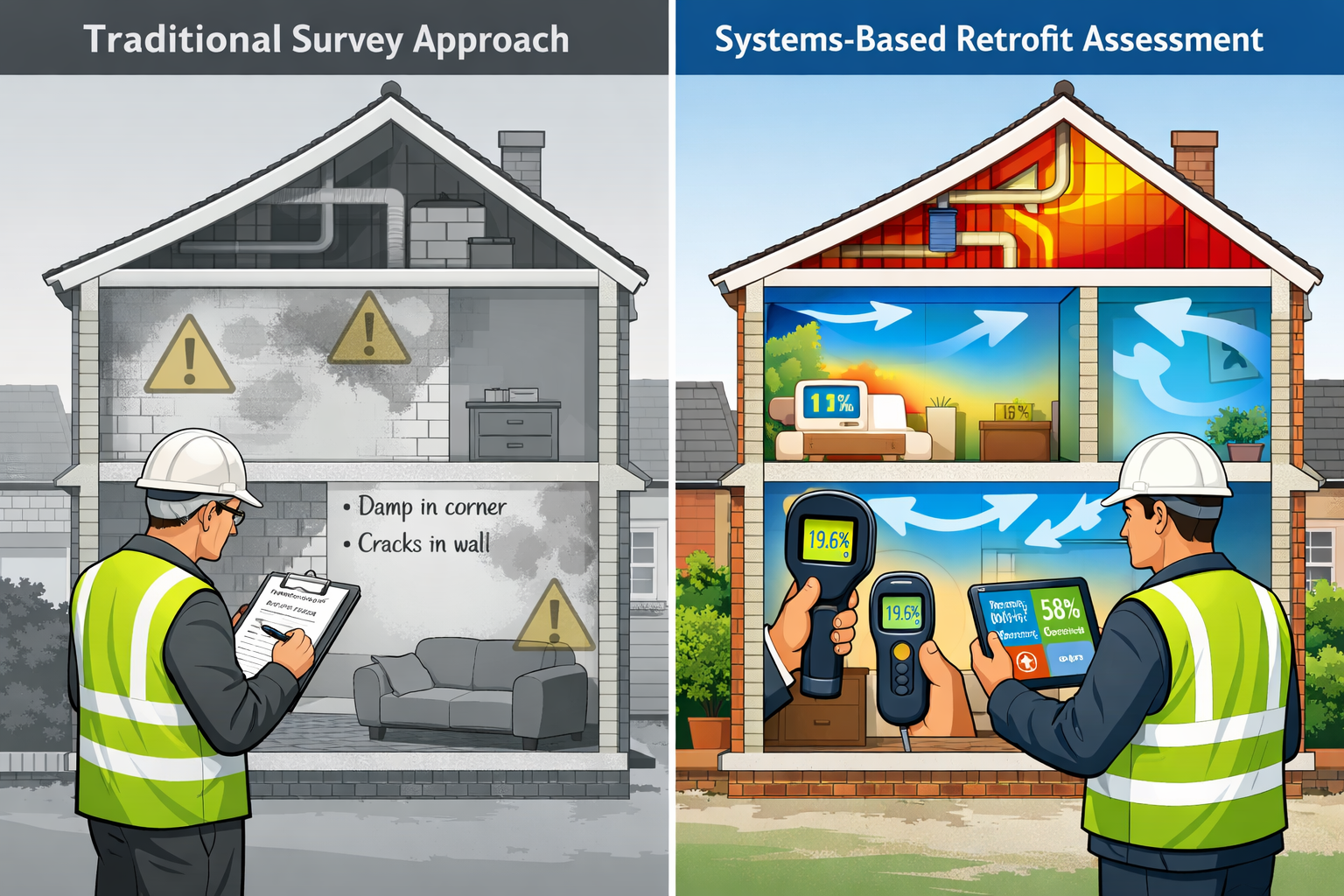 () split-screen comparison image showing two Victorian property cross-sections side-by-side. Left side labeled 'Traditional