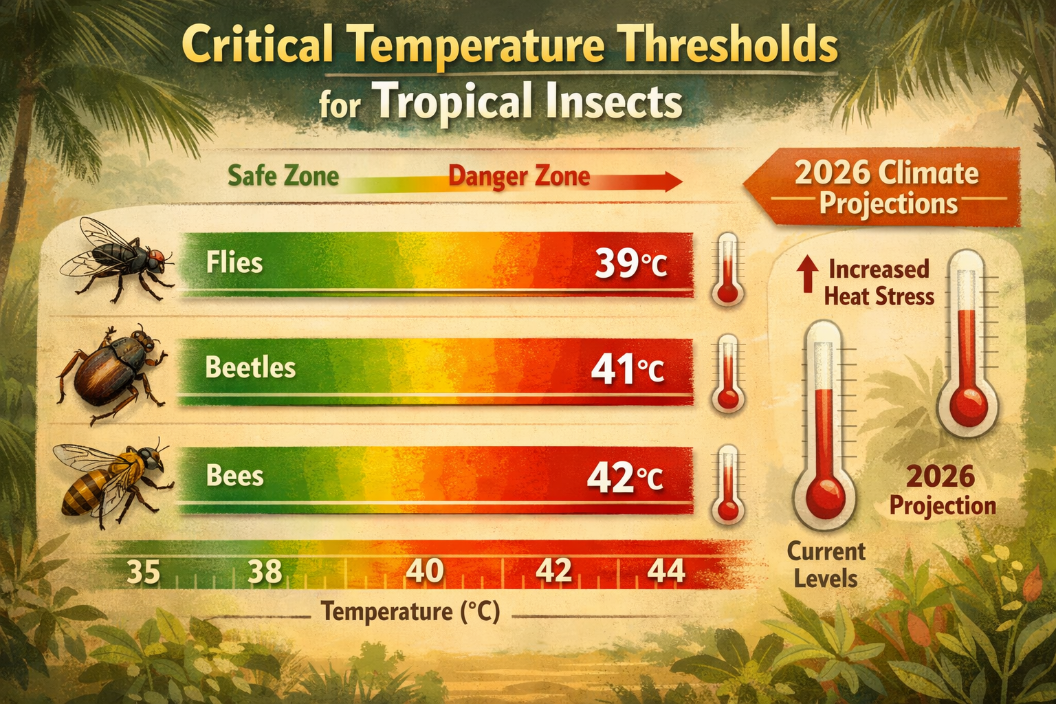 () detailed infographic showing thermal tolerance thresholds for different tropical insect groups. Visual elements include: