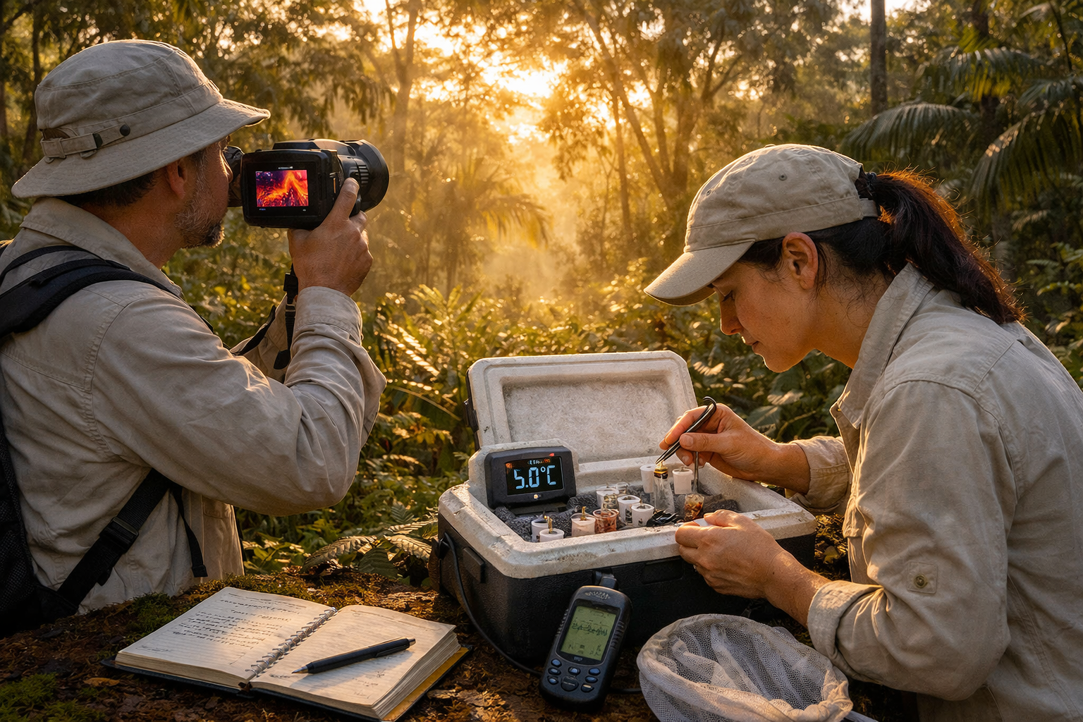 () scene depicting field ecologists conducting biodiversity surveys in a tropical lowland forest during early morning hours.