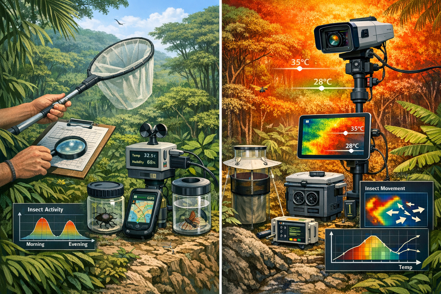 A detailed scientific illustration showing adaptive survey protocols for insect population tracking under thermal stress.