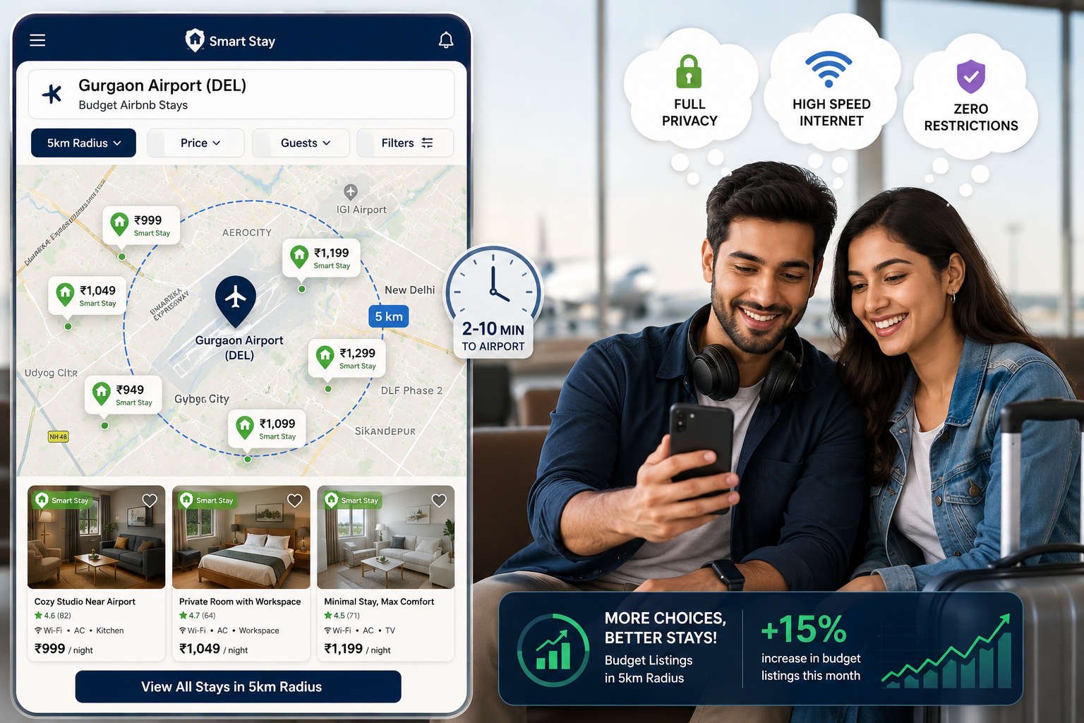 Detailed () image showcasing a split view. One side illustrates a digital map interface with highlighted budget Airbnb